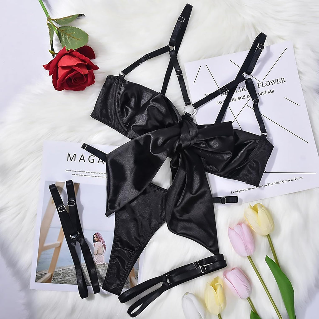 Damen Dessous-Set Sexy Satin Strapsen Hohl BH mit Schleife S-XL
