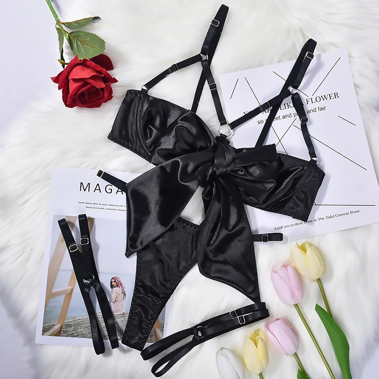Damen Dessous-Set Sexy Satin Strapsen Hohl BH mit Schleife S-XL