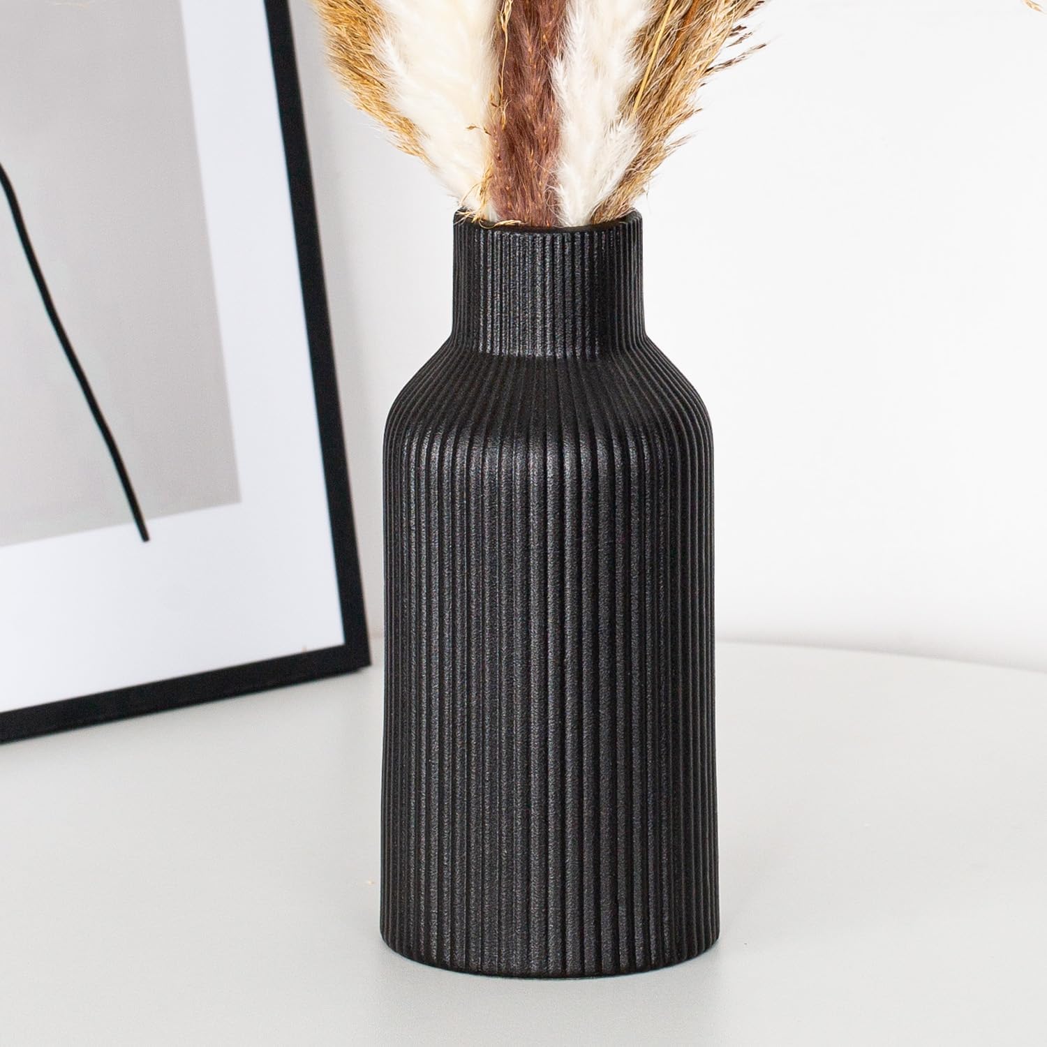 Keramikvase 20 cm matt weiss rund - Moderne Boho Deko fuer Pampasgras