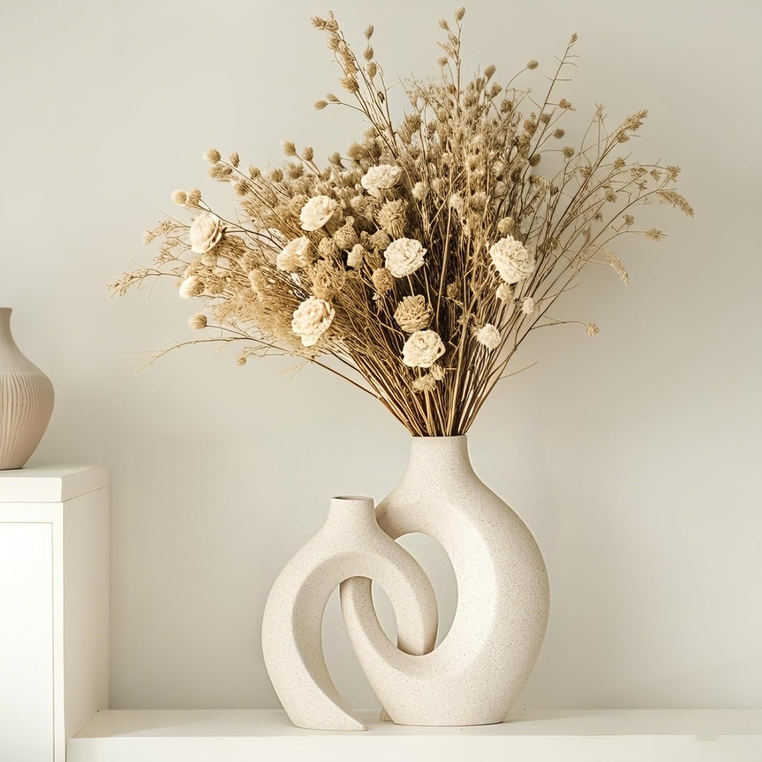 SUKIYPO Keramikvase 2er Set beige Boho Deko fuer Wohnzimmer Buero