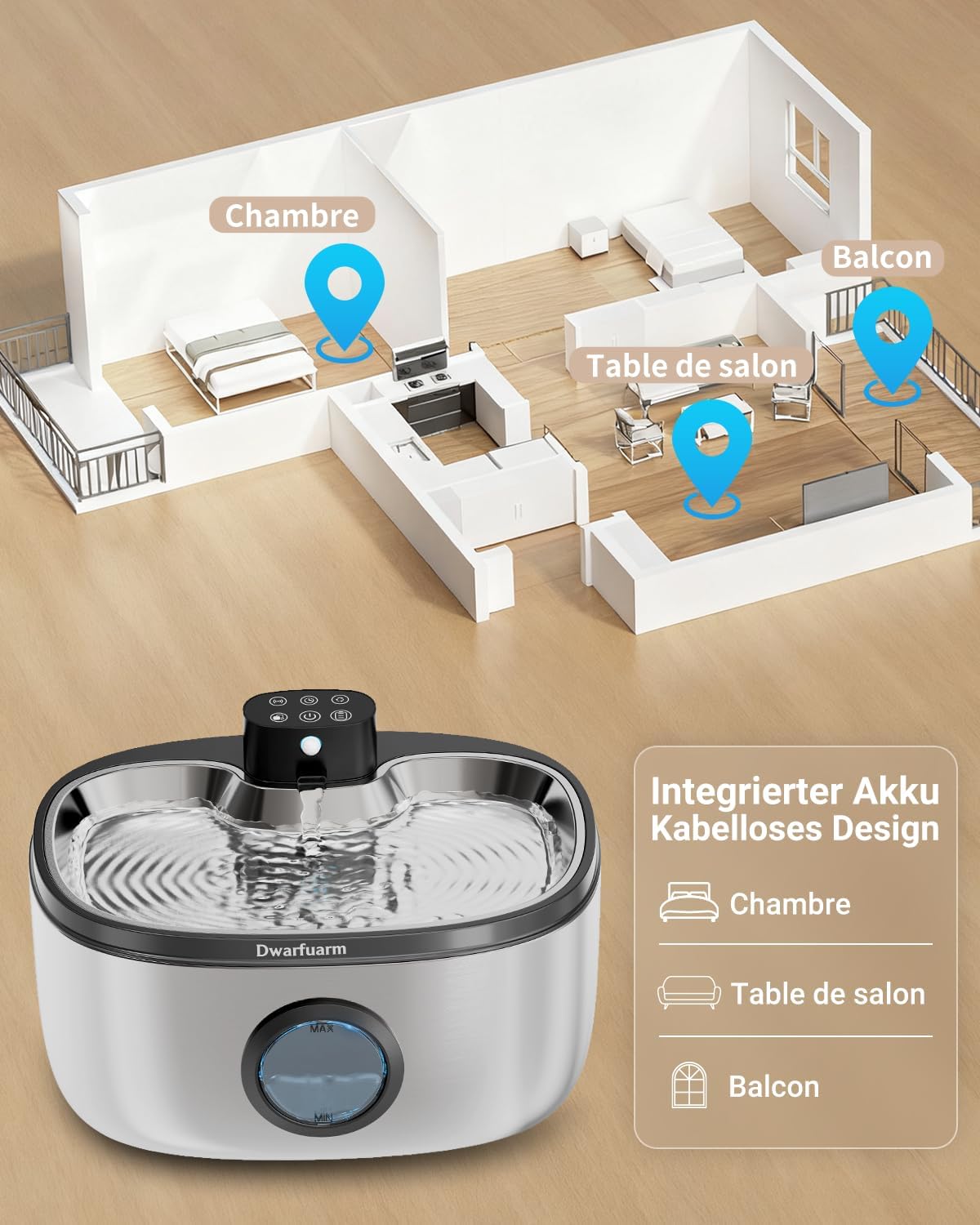 Kabelloser Trinkbrunnen fuer Hunde Katzen, 4000mAh, LED Sensor, Edelstahl, 4‑S