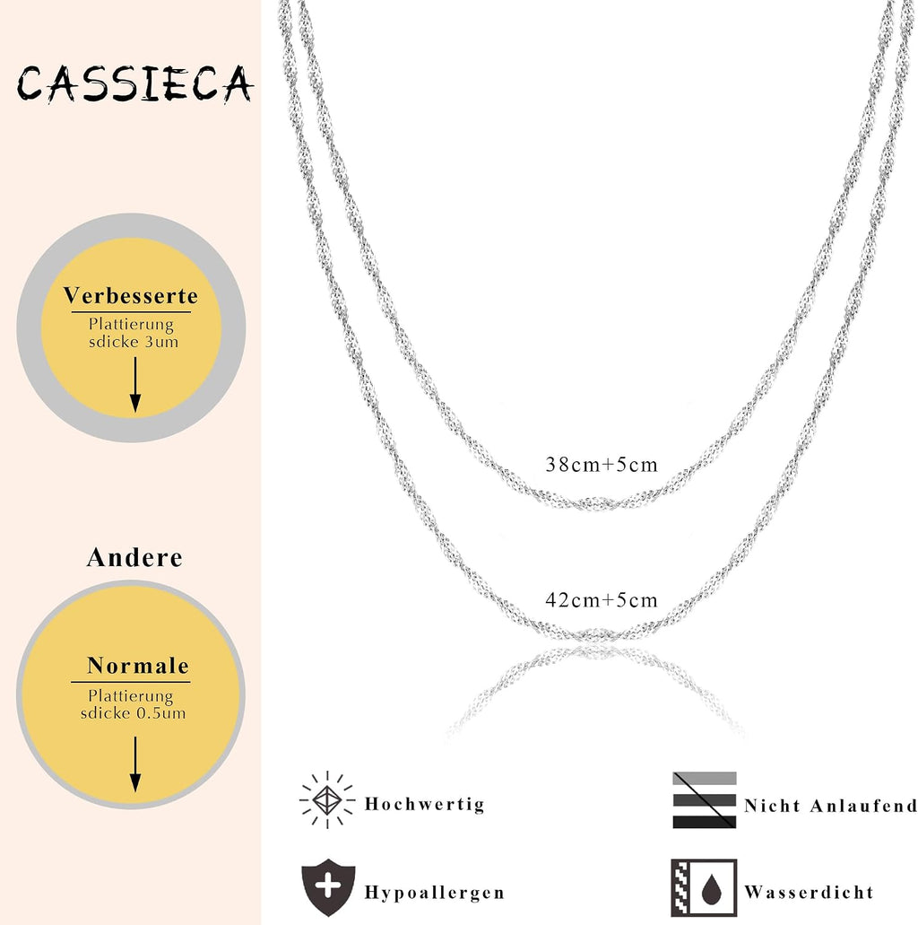 CASSIECA Damen 2er Set Silber Ketten Layered Singapur- und Popcornkette