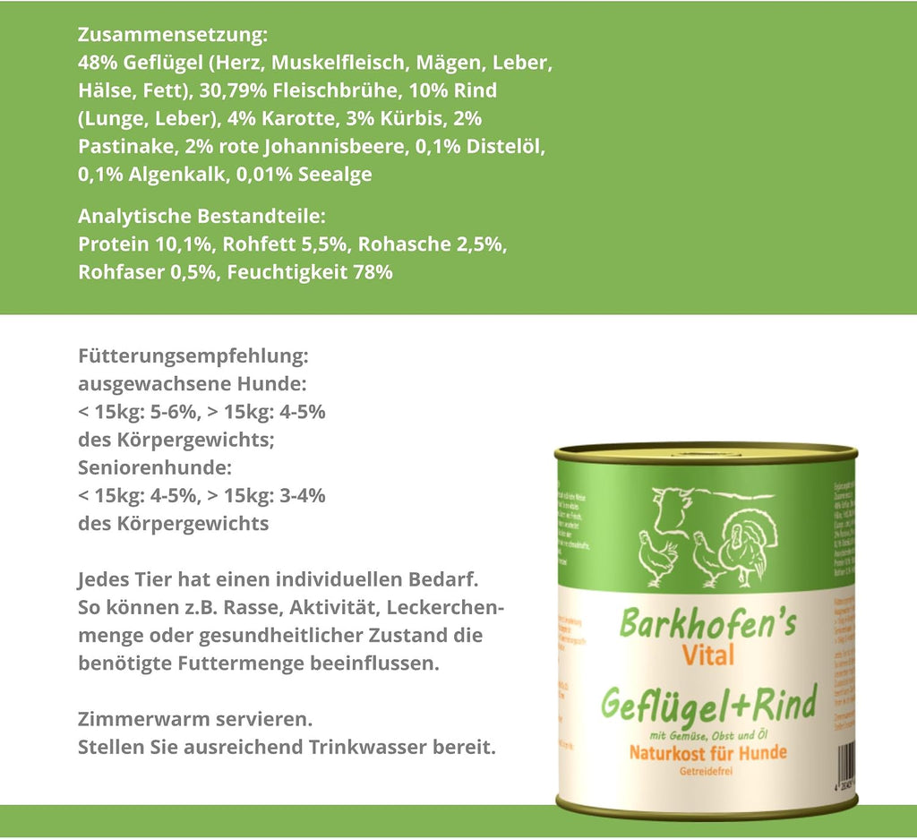 Barkhofen Hundefutter Nass 6x800g getreidefrei mit Gefluegel und Rind