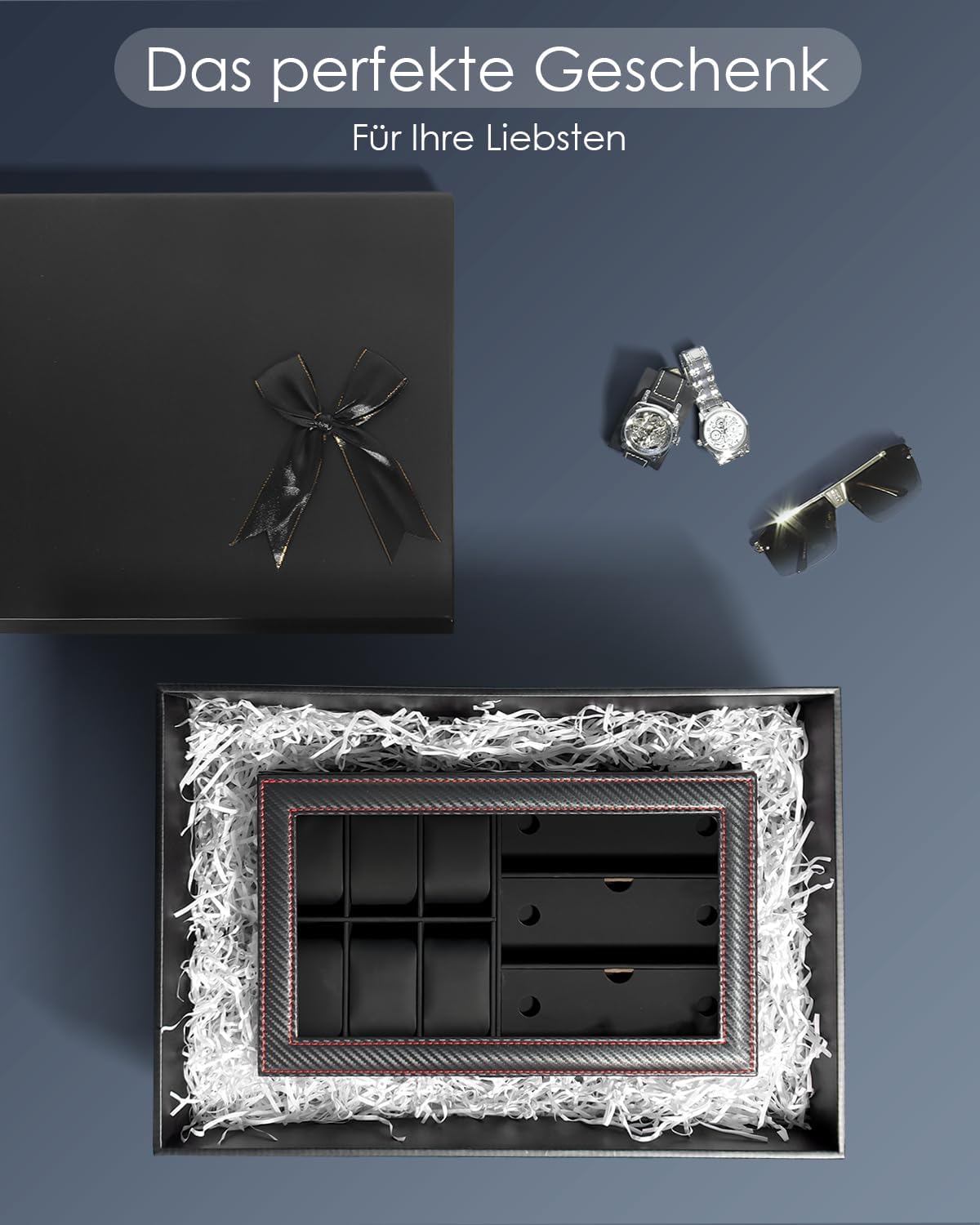 Uhren- und Sonnenbrillenbox mit Glasdeckel 6 Faecher Schmuckkasten Herren