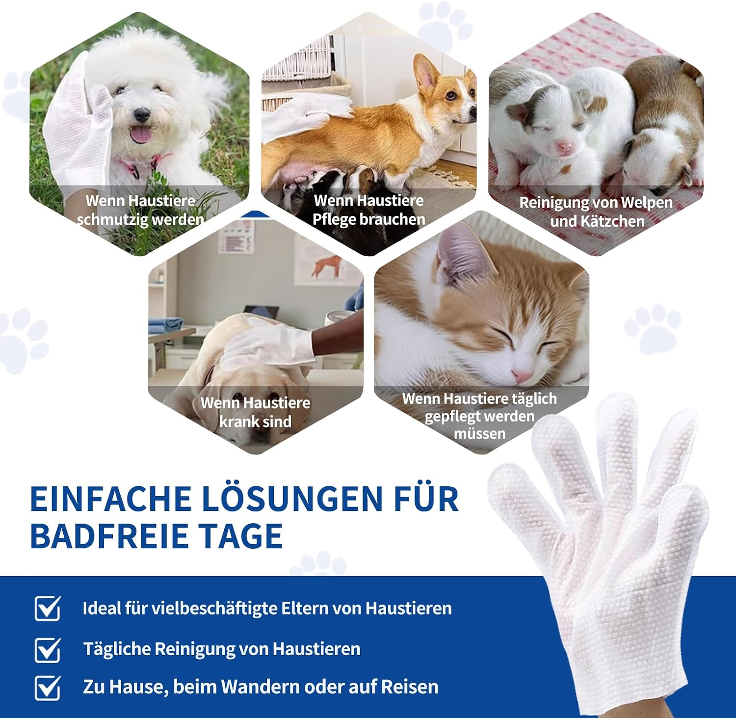 Petclear Fellpflegetuecher Handschuh 10er Pack fuer Hunde und Katzen hypoallergen