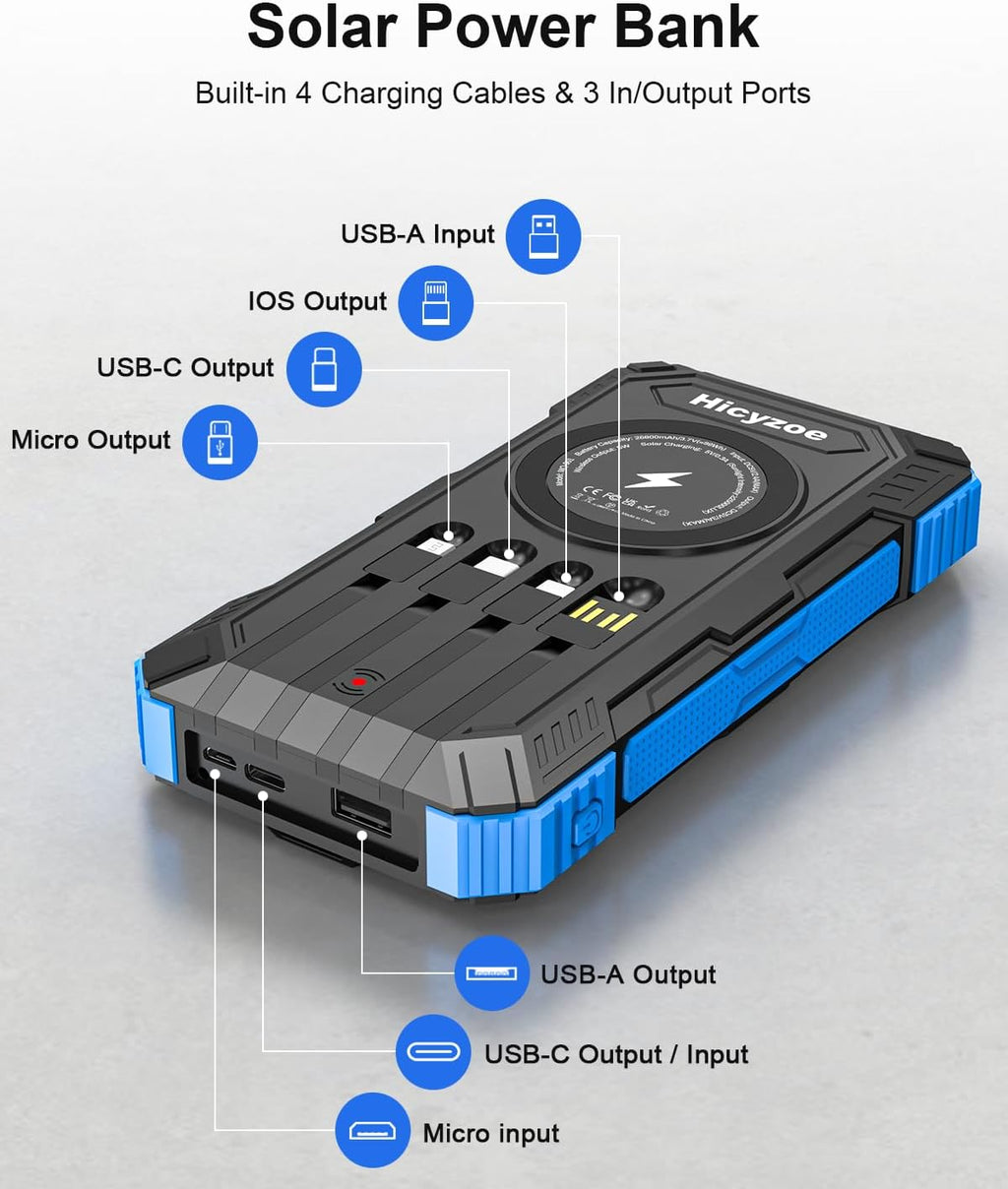 Solar Powerbank 26800 mAh mit integrierten 4 Kabeln USB‑C Schnellladung Qi Wirel