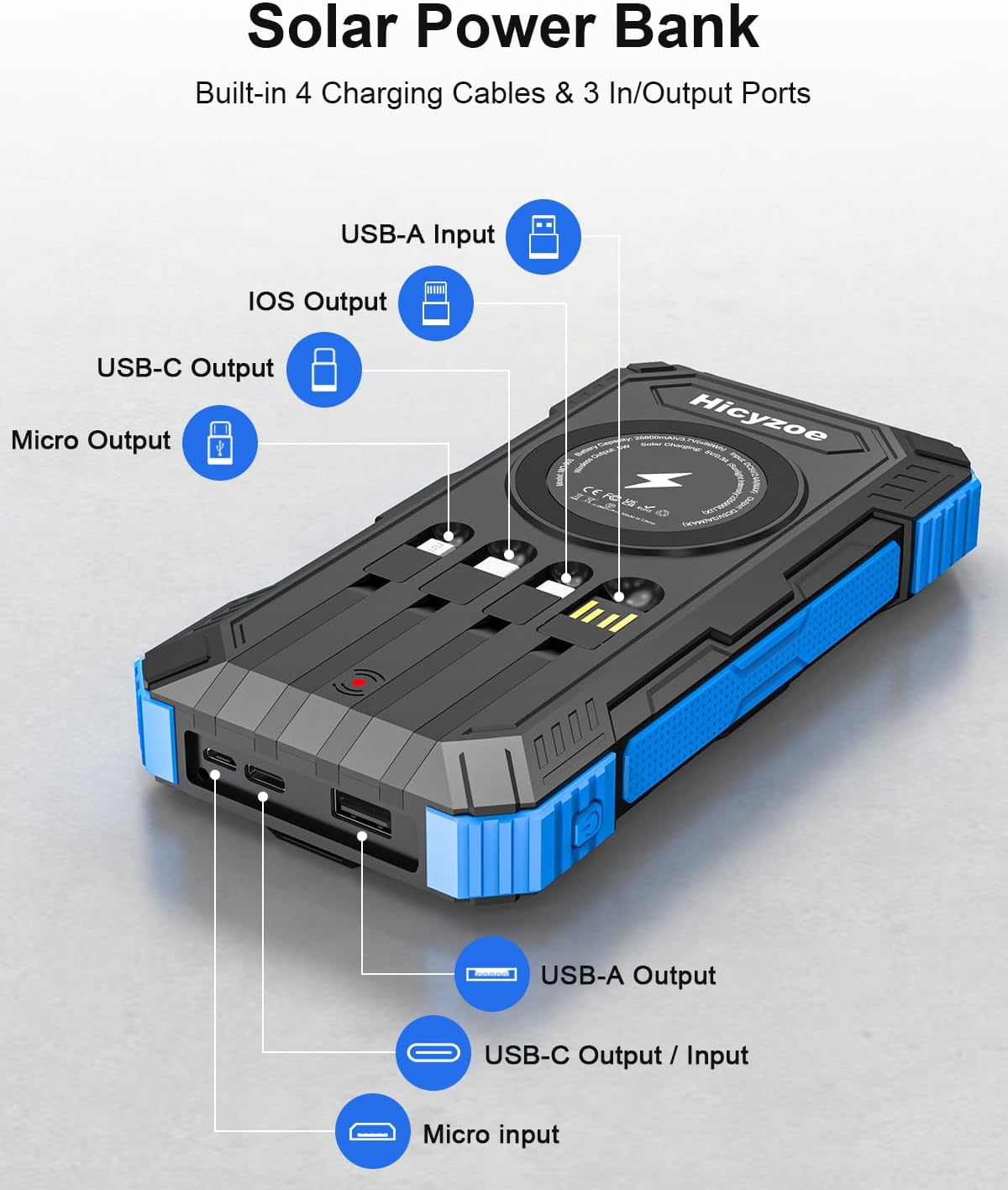 Solar Powerbank 26800 mAh mit integrierten 4 Kabeln USB‑C Schnellladung Qi Wirel