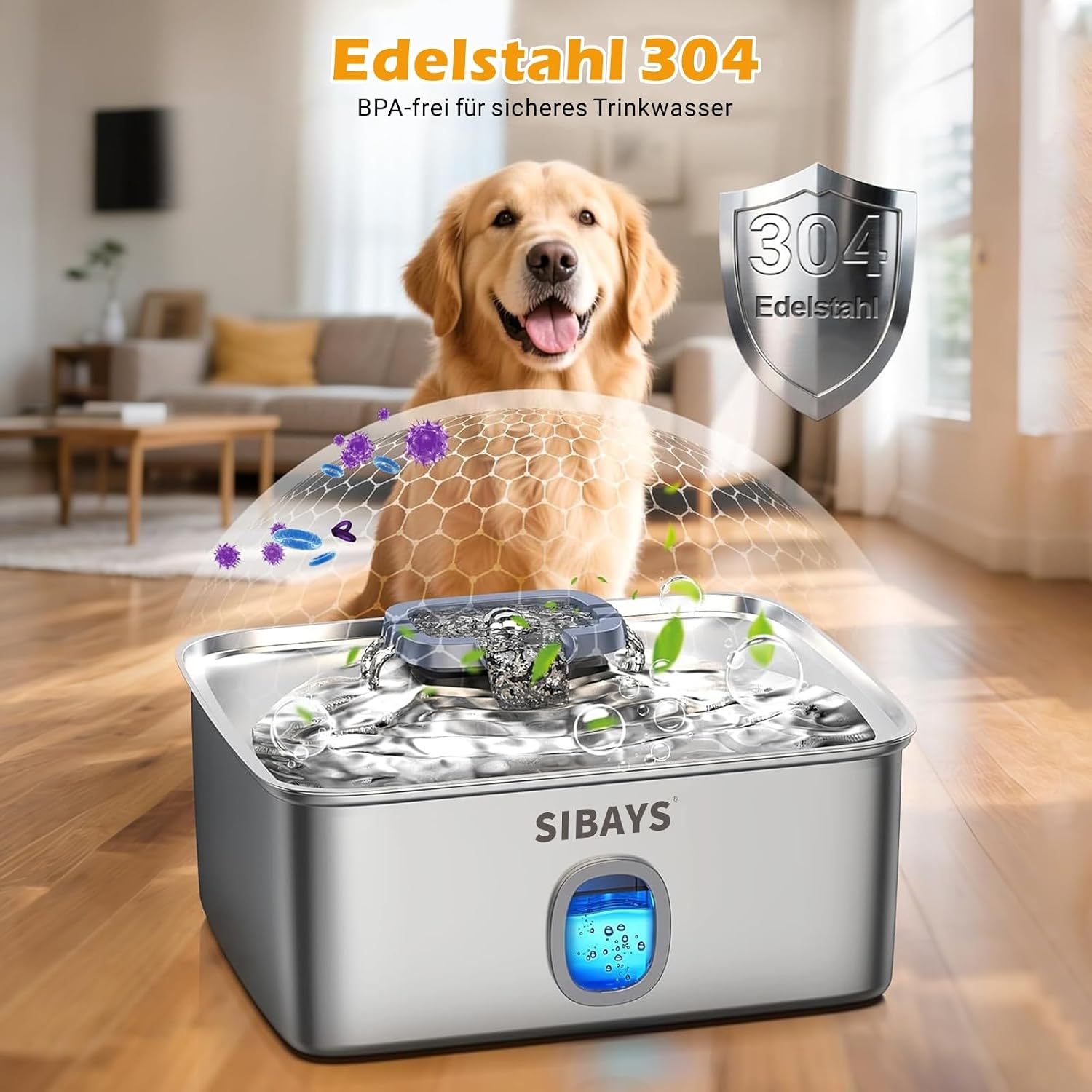 Edelstahl Trinkbrunnen 15L fuer Katze und Hund mit breiter Schale und LED