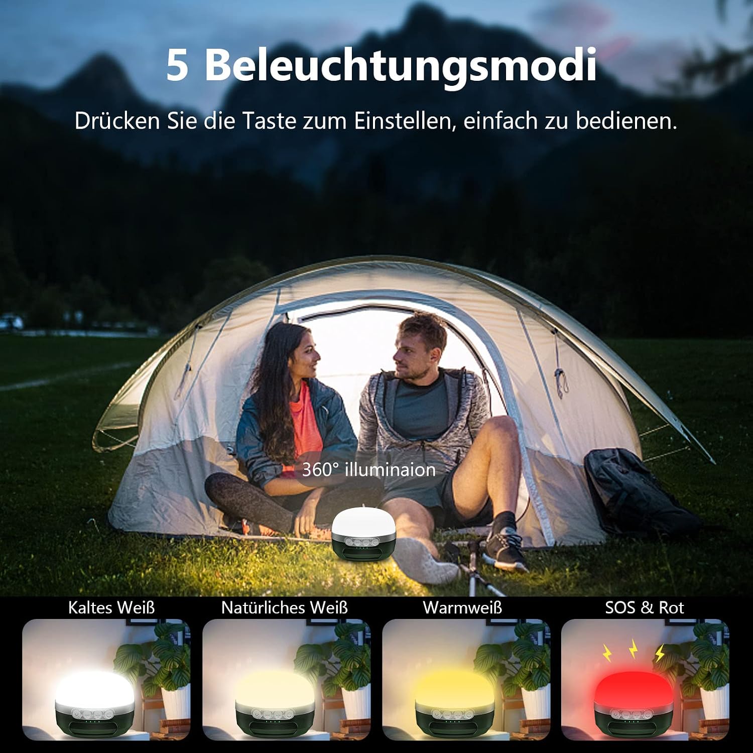LED Campinglampe 8400 mAh Akku USB-C wiederaufladbar RGB Farbwechsel dimmbar