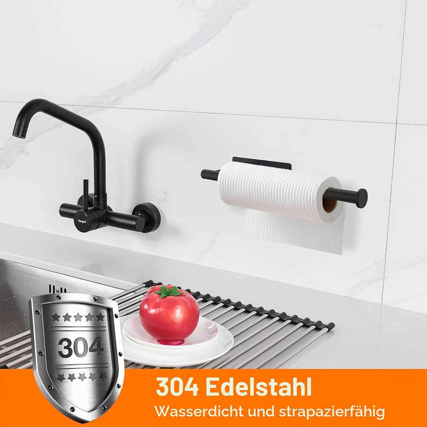 Ibergrif Kuechenrollenhalter selbstklebend Edelstahl schwarz ohne Bohren