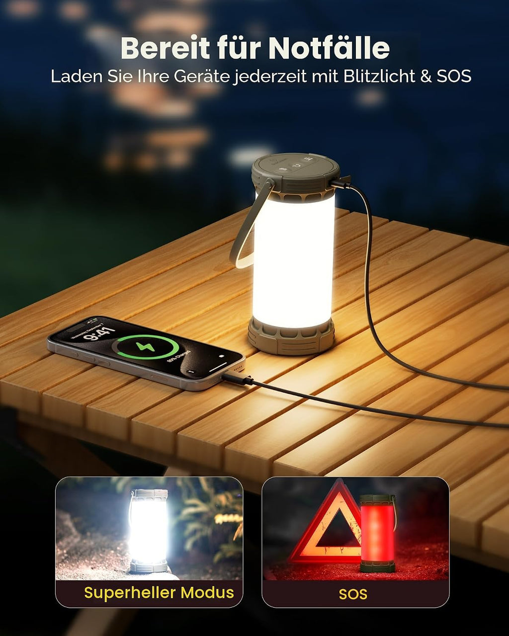Glocusent Campinglampe 1500 lm 135 LED 5000 mAh wiederaufladbar SOS 5 Stufen