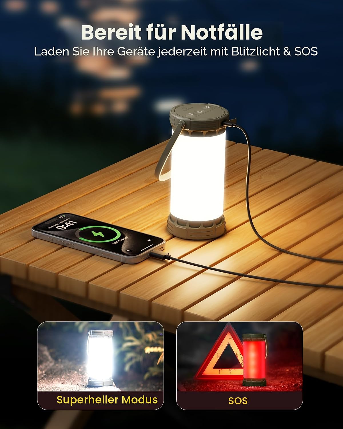 Glocusent Campinglampe 1500 lm 135 LED 5000 mAh wiederaufladbar SOS 5 Stufen