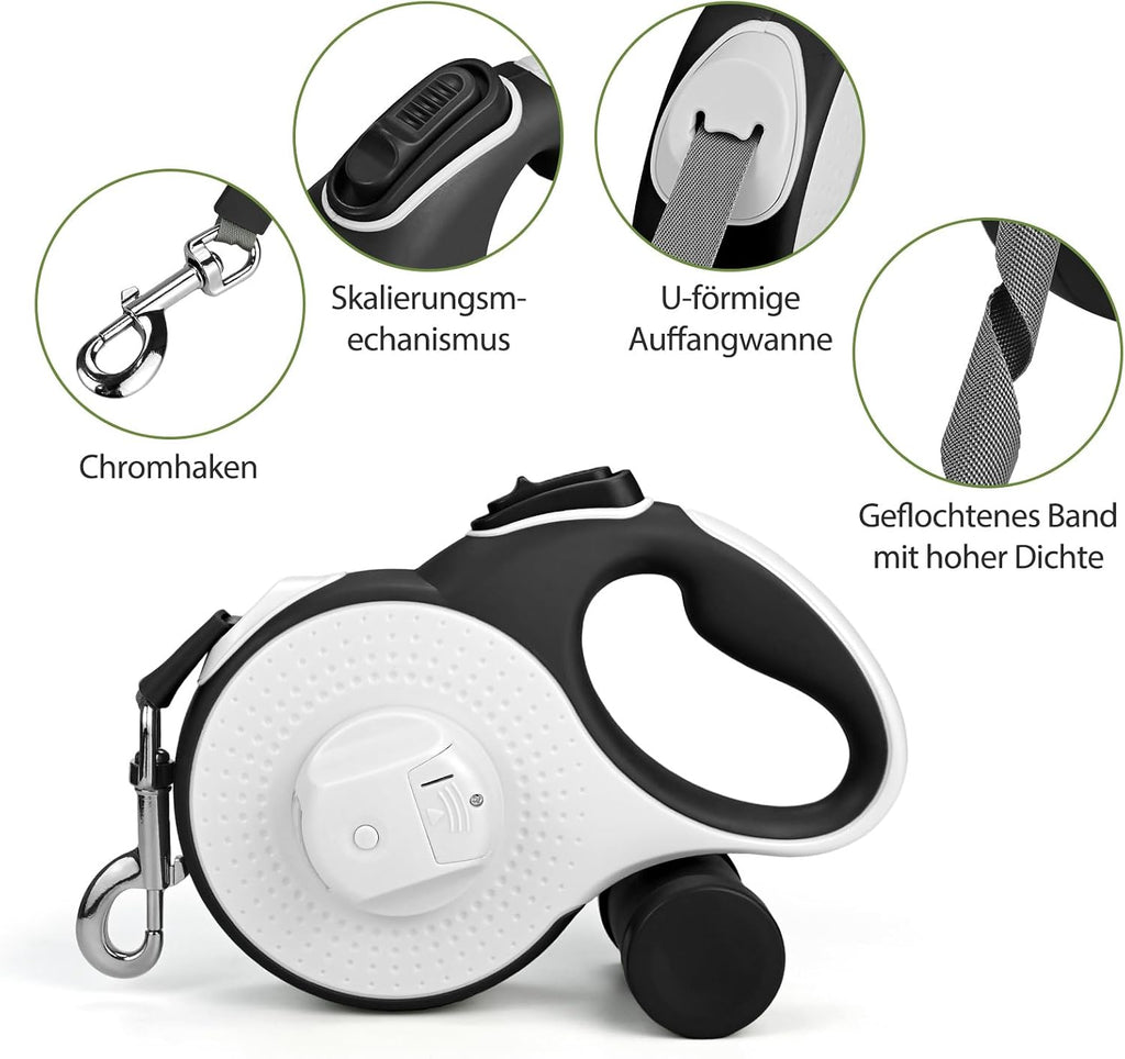 8 m Hundeleine mit LED Licht, Kotbeutelhalter, Schnellstopp, Anti-Rutsch Griff