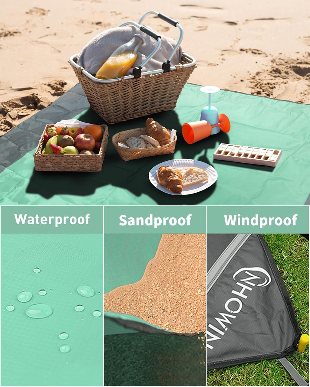 Stranddecke sandfrei 210x200 cm wasserdicht ultraleicht mit 3 Reissverschlusstasc