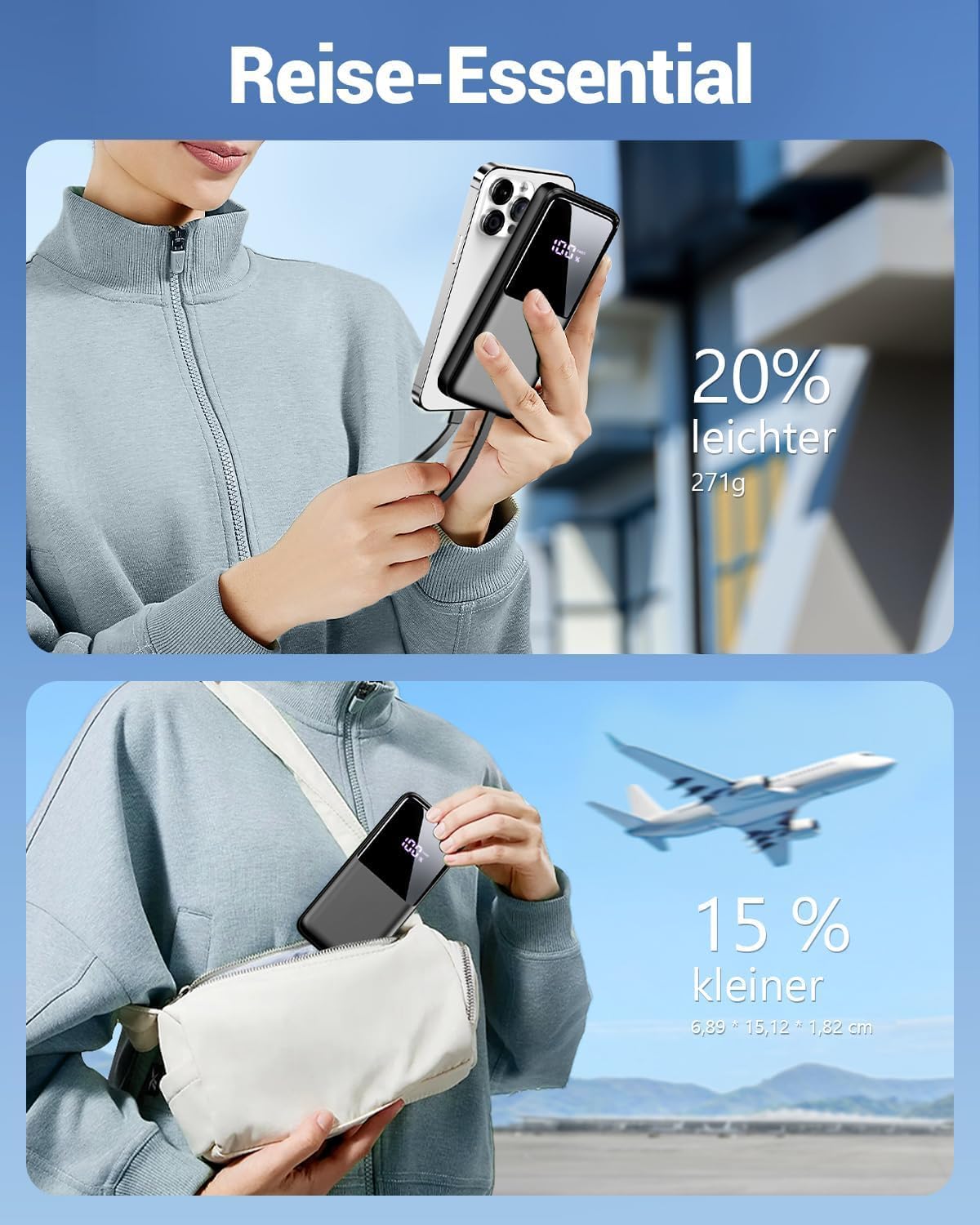 Powerbank 26800 mAh 22,5W USB-C Schnellladung 3 Anschluesse 2 Kabel Schwarz
