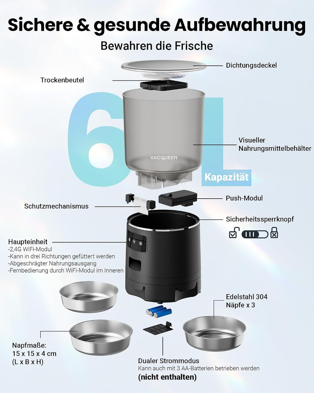 Futterautomat Katze 25 Portionen mit App Timer WiFi Schwarz