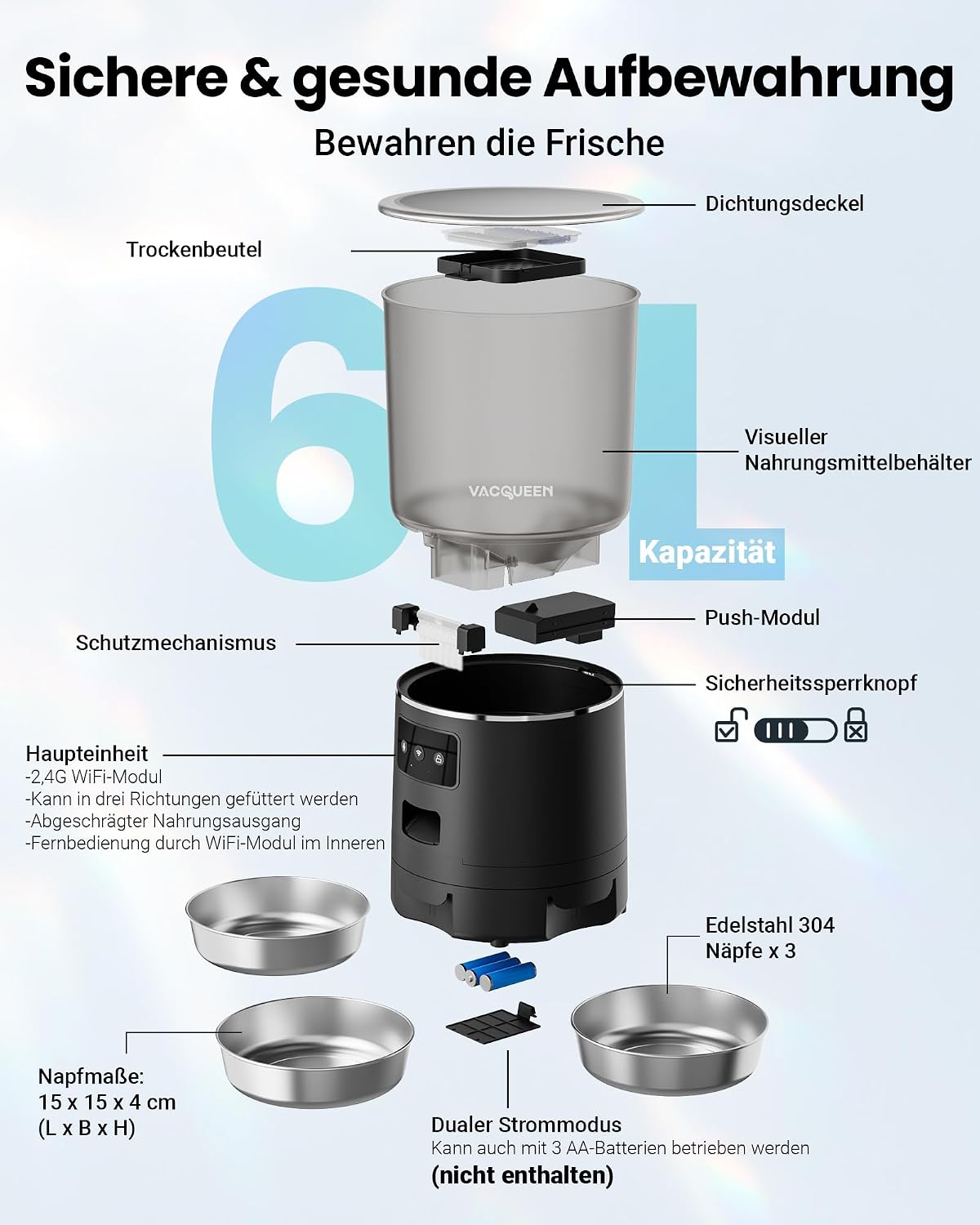 Futterautomat Katze 25 Portionen mit App Timer WiFi Schwarz