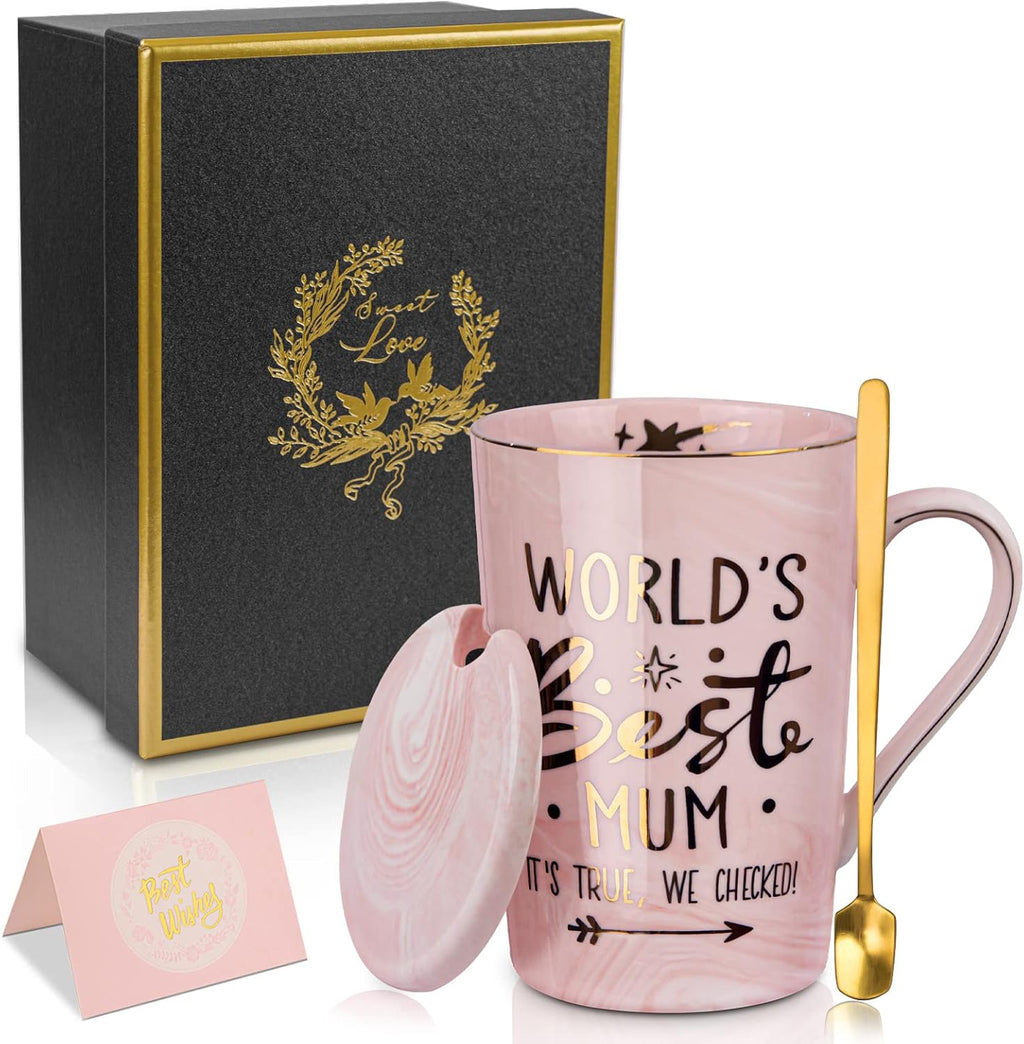 Tasse rosa Marmor mit Deckel Loeffel Geschenkbox Muttertag