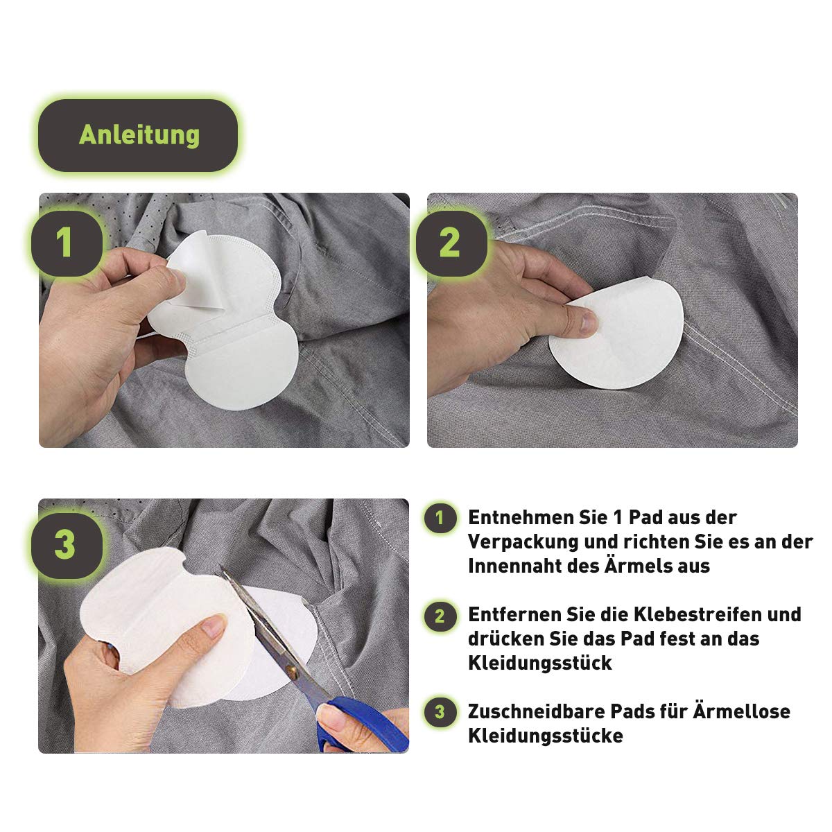 O³ Achselpads 50 Paar (100 Stk) zuschneidbar Schutz gegen Schweiss und Geruch