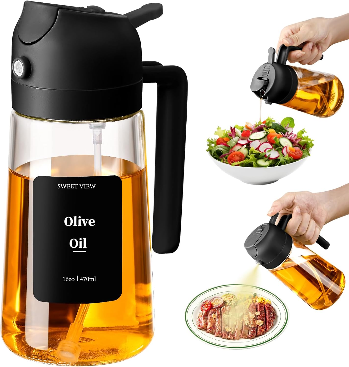 2in1 Oelsprueher Glas 470 ml schwarz fuer Kochen Grill Heissluftfritteuse