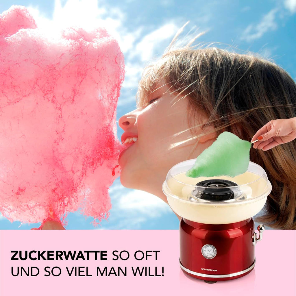 GOURMETmaxx Zuckerwattemaschine Retro mit Staebchen und Messloeffel Rot Weiss