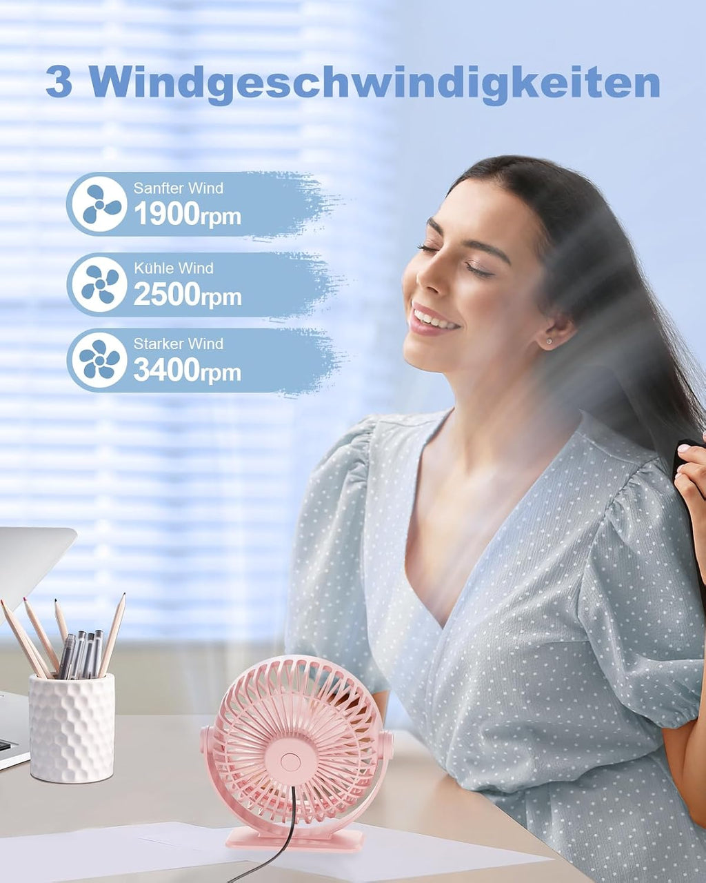 TriPole Mini Tischventilator USB 3 Geschwindigkeiten 360° Neigung leise