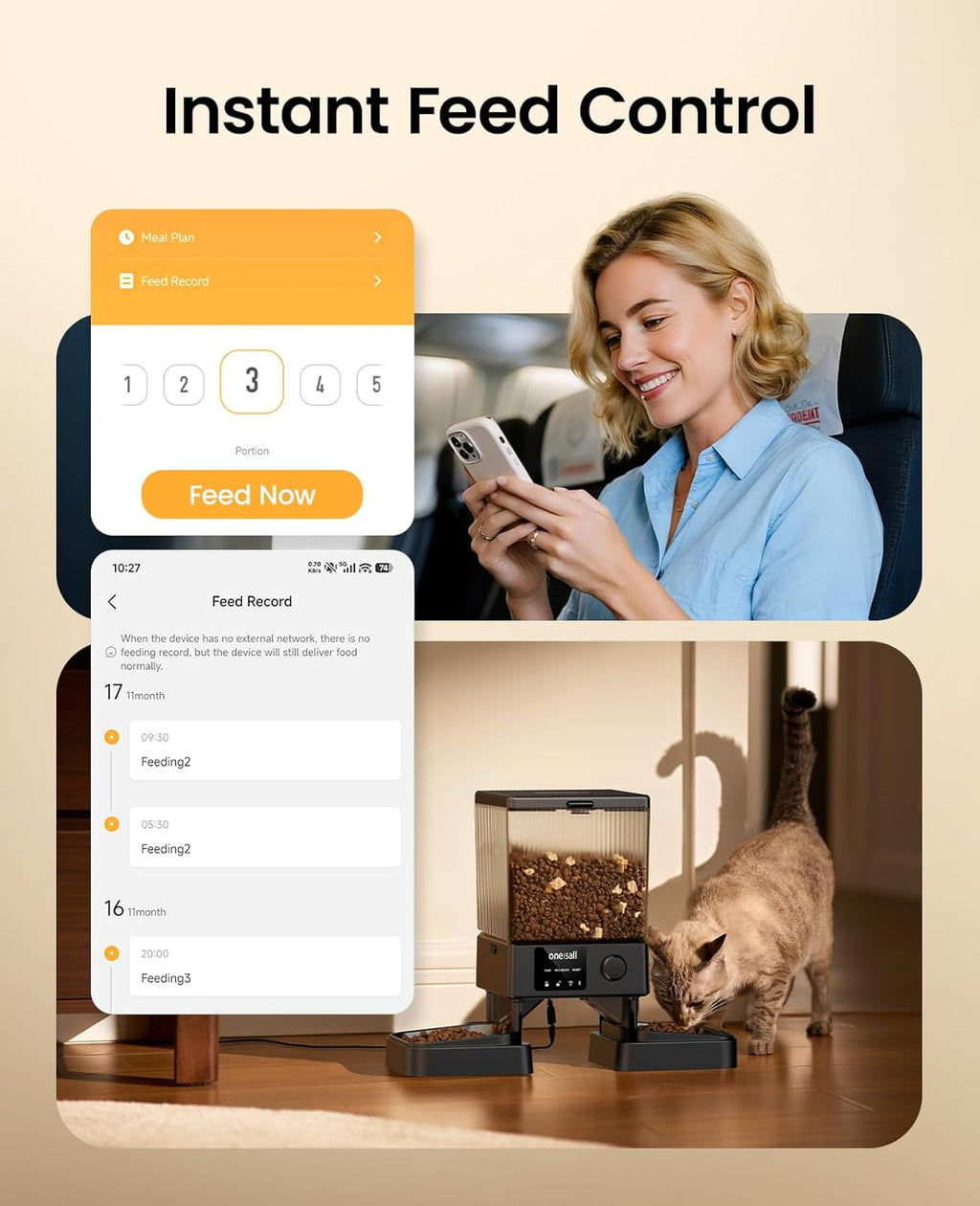 oneisall Katzenfutterautomat mit 2 Edelstahlnaepfen, App & Sprachaufnahme