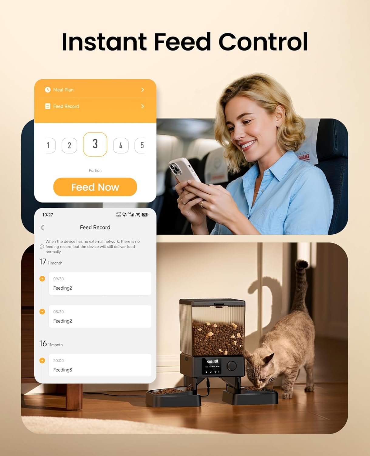 oneisall Katzenfutterautomat mit 2 Edelstahlnaepfen, App & Sprachaufnahme