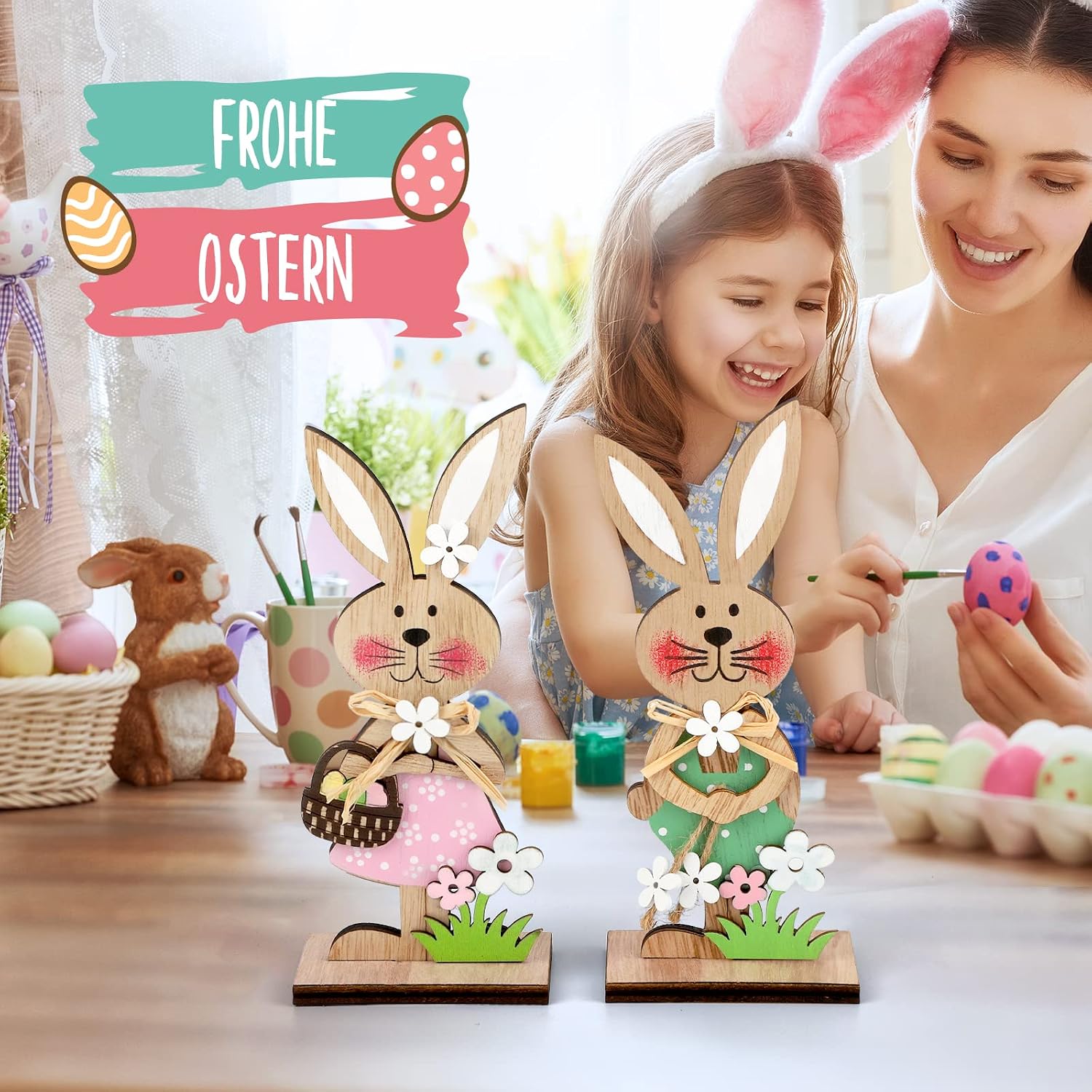 Holz Osterhase Deko Aufsteller 2er Set Osterdeko Hase Figur