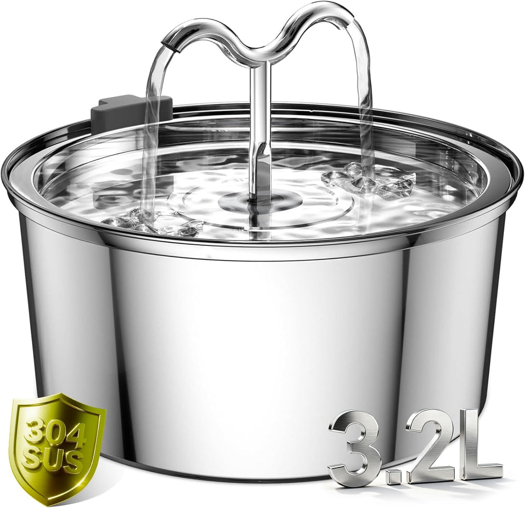DOOOB Katzentrinkbrunnen Edelstahl 3,2L leise mit Filter und Schwamm