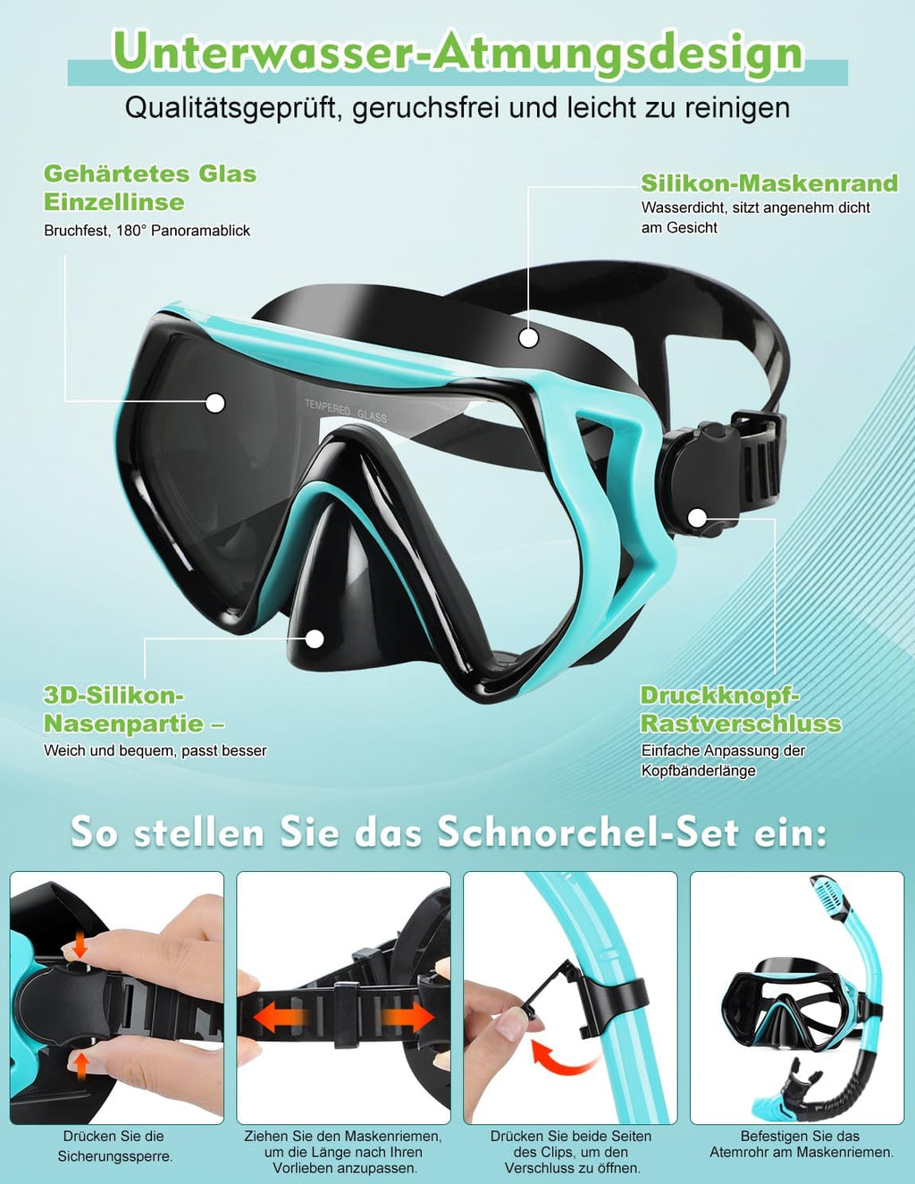 Hydomi Taucherbrille mit 180° Panorama Sicht und Dry-Top Schnorchel, Erwachsene
