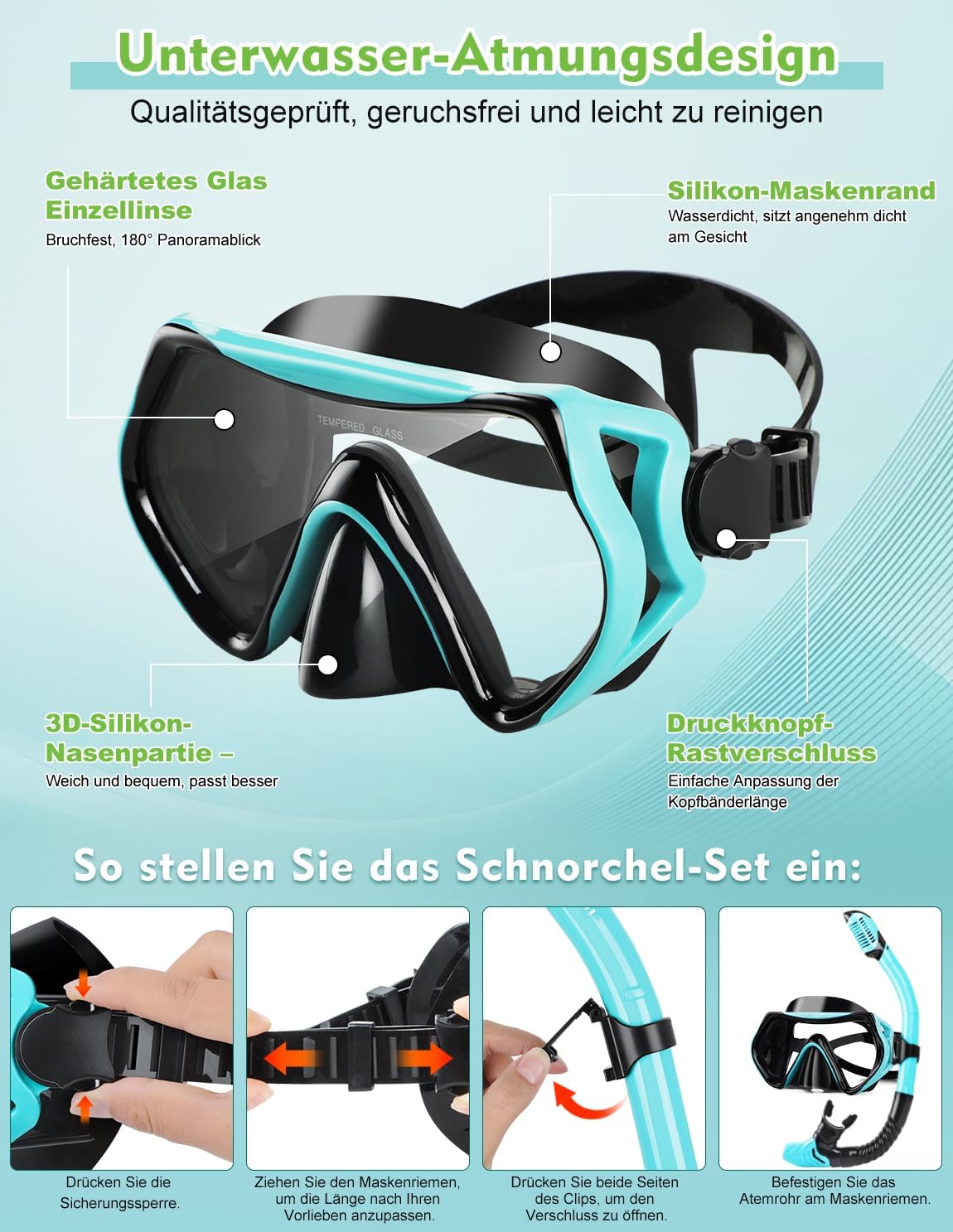 Hydomi Taucherbrille mit 180° Panorama Sicht und Dry-Top Schnorchel, Erwachsene