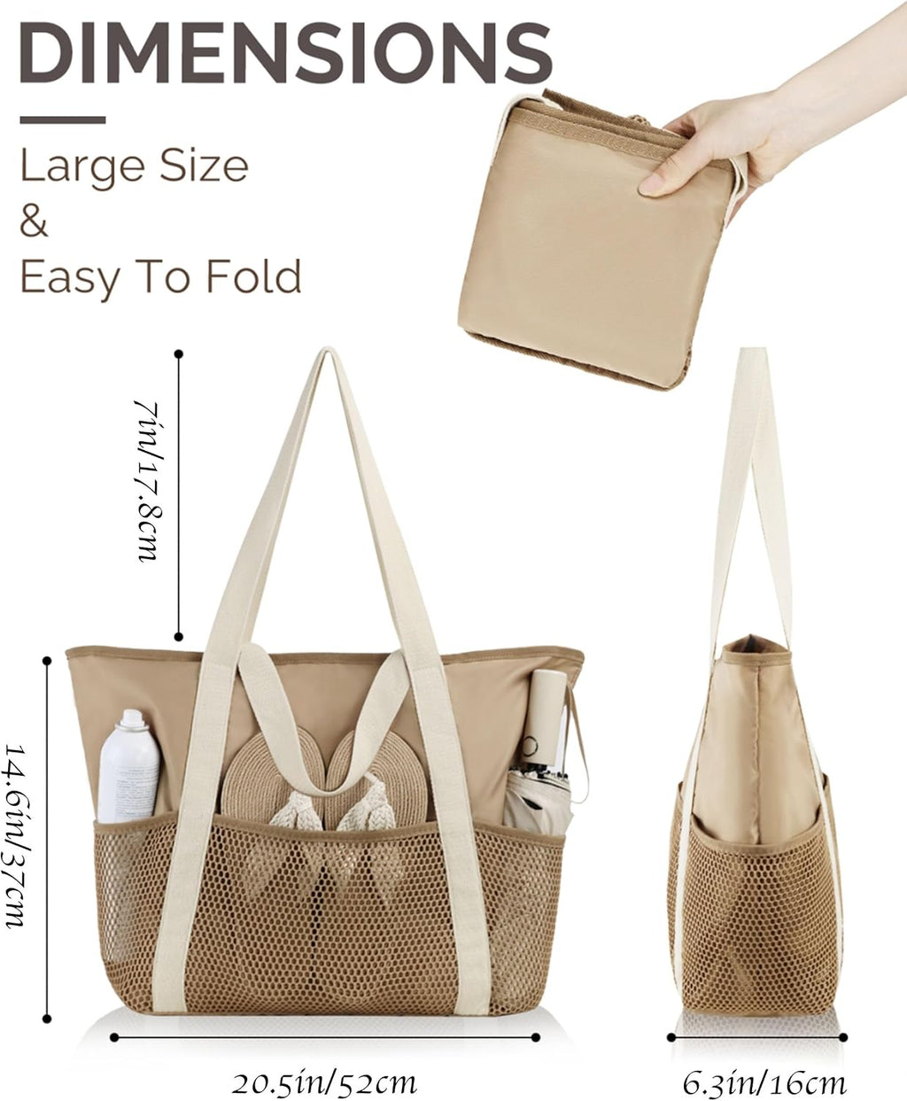 HOMESPON Strandtasche gross mit Reissverschluss, wasserabweisend, Netzfach