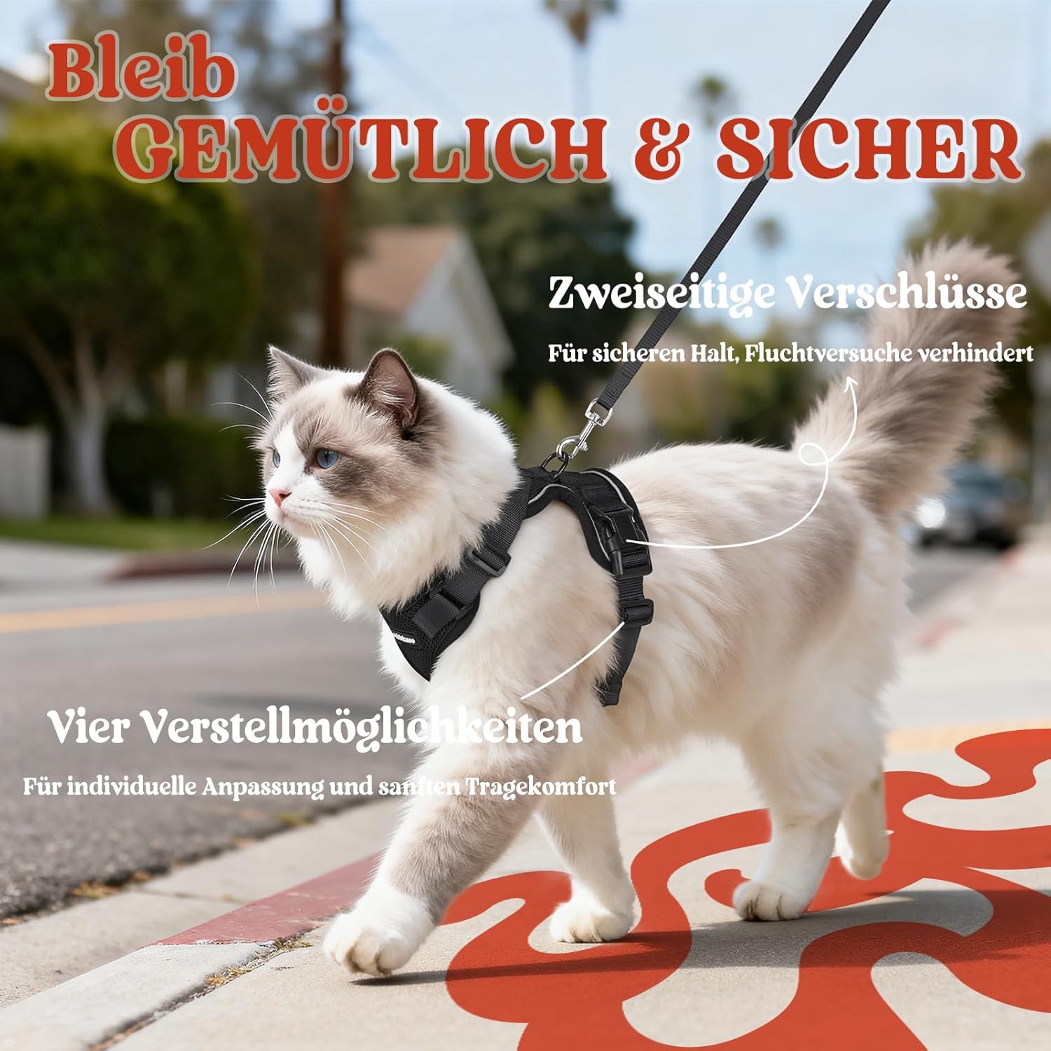rabbitgoo Katzenbrustgeschirr verstellbar reflektierend mit Leine Schwarz M