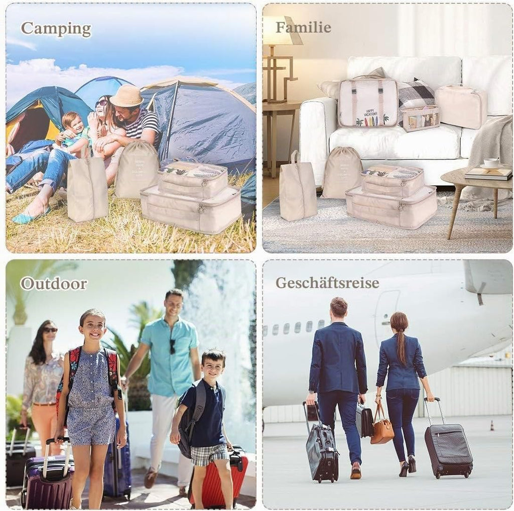 Reise Packwuerfel Set 8-teilig faltbar Gepaeck Organizer Aufbewahrung Beige