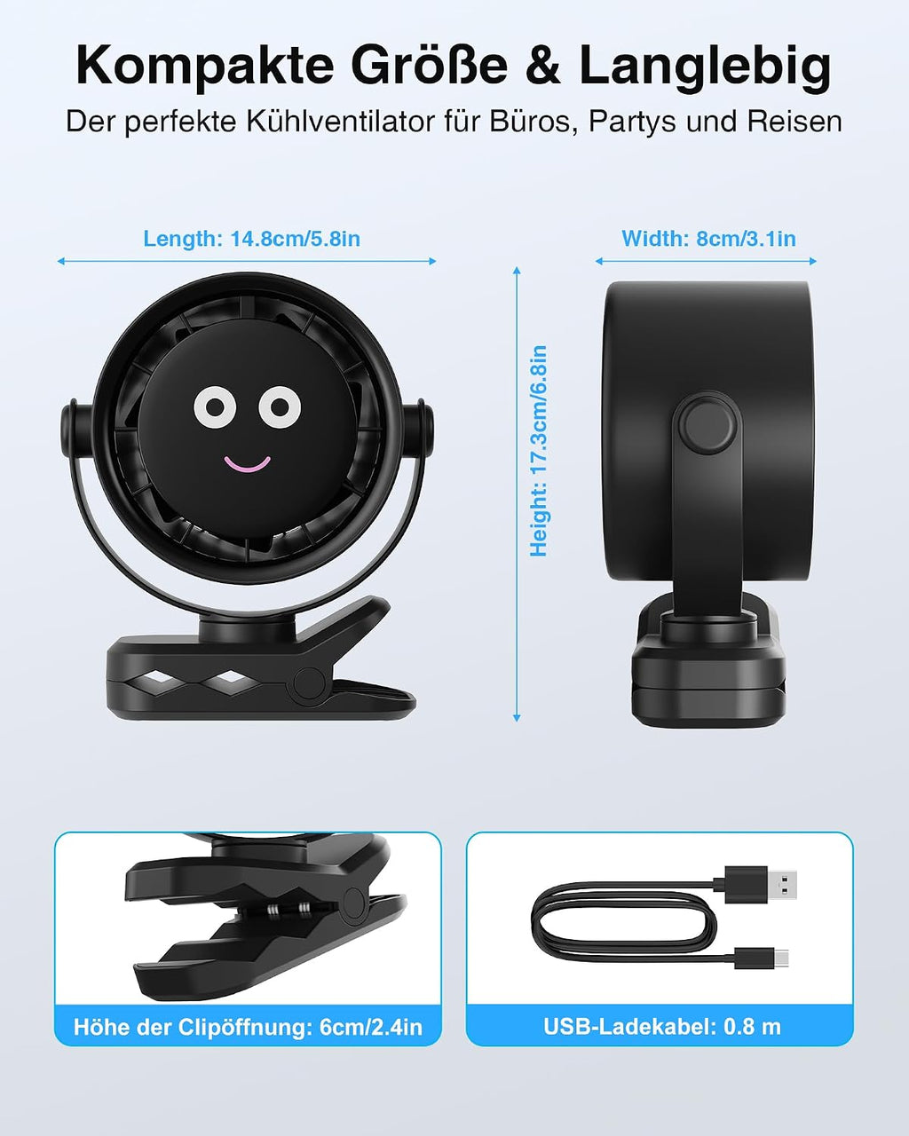 Fitabok Tischventilator mit Clip USB 5 Stufen LED Display 720° drehbar