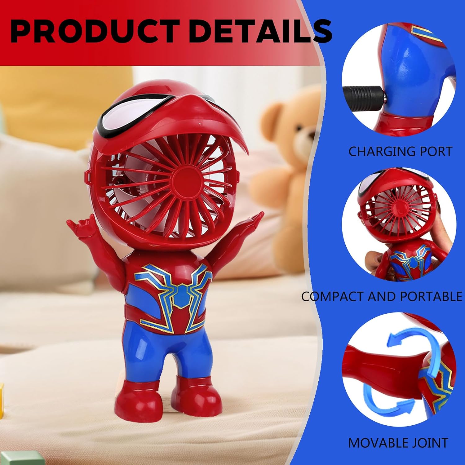 YOUYIKE Mini USB Handventilator rot/blau Spinnenform mit LED, Standfunktion
