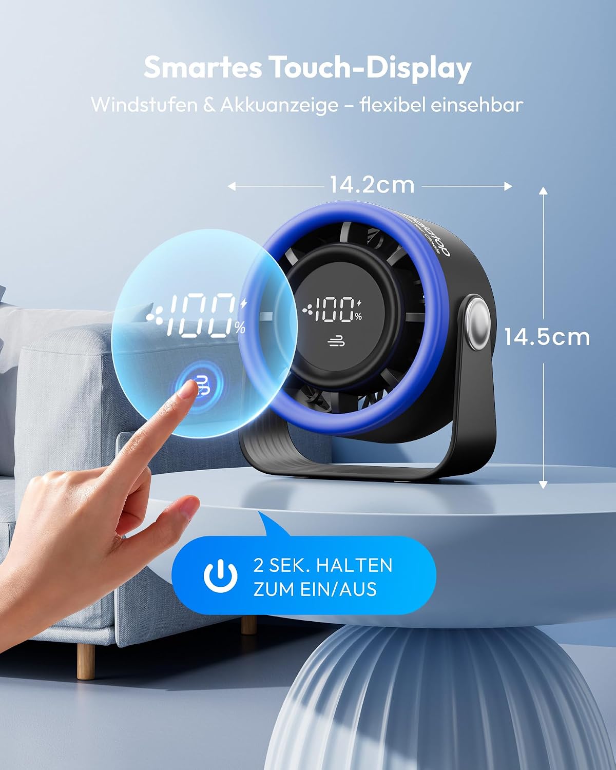 Gaiatop Akku Tischventilator USB 5 Stufen 360° neigbar Touch-Display Schwarz