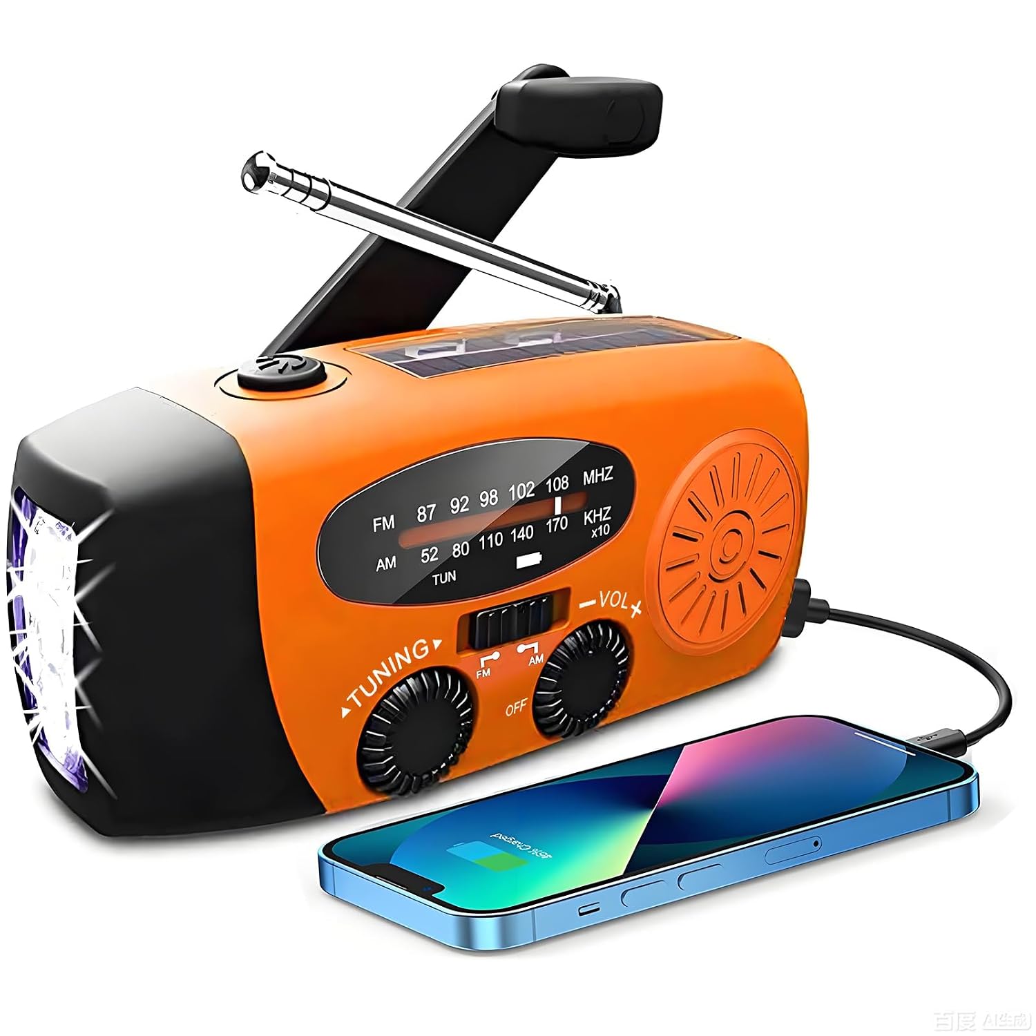 Tragbares Solar Kurbelradio mit AM/FM, 2000mAh Powerbank, LED Lampe, USB, orange