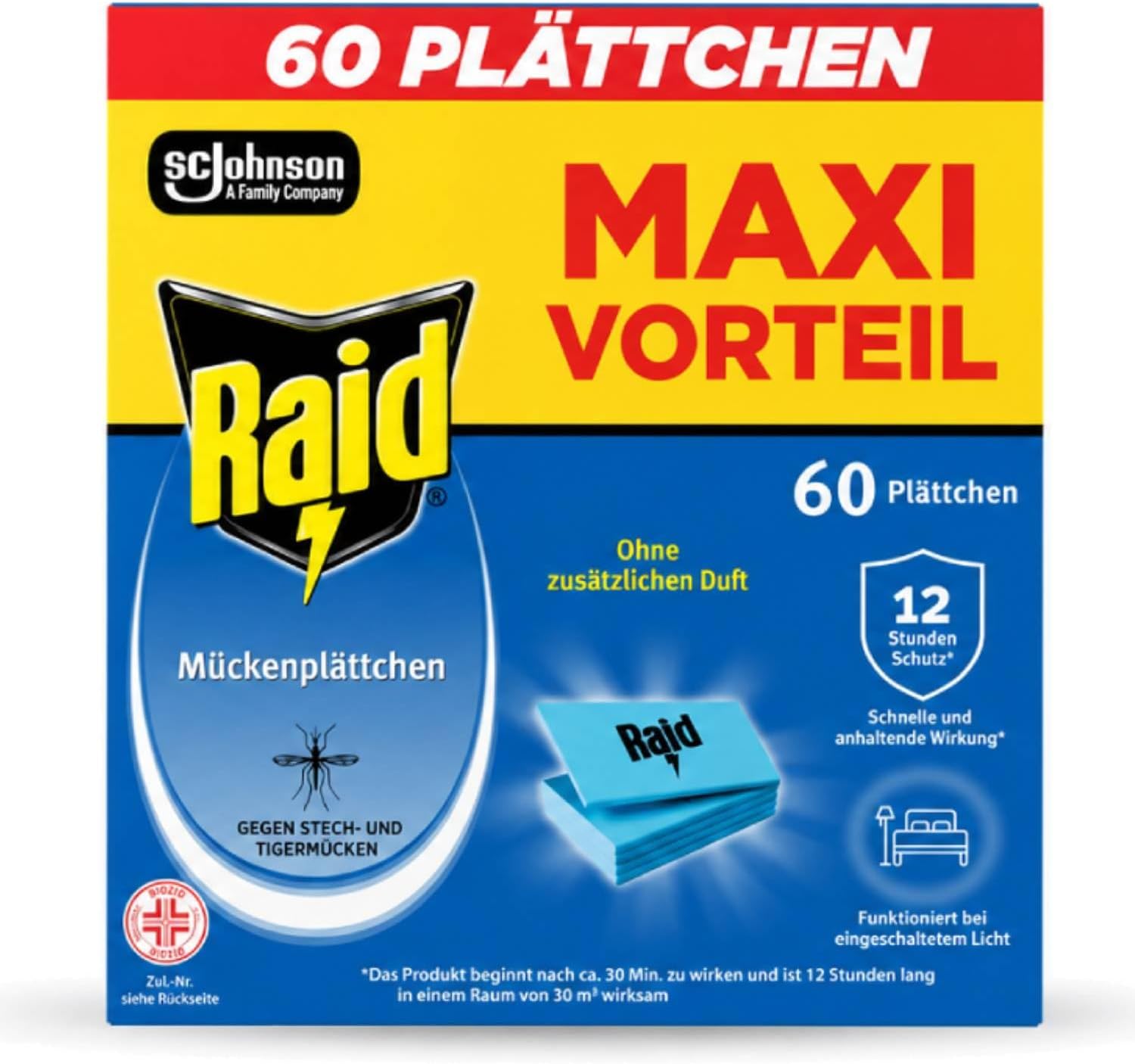 Raid Moskitostechplatten, 60 Geruchlose Plaettchen fuer Gewoehnliche Muecken und Tig