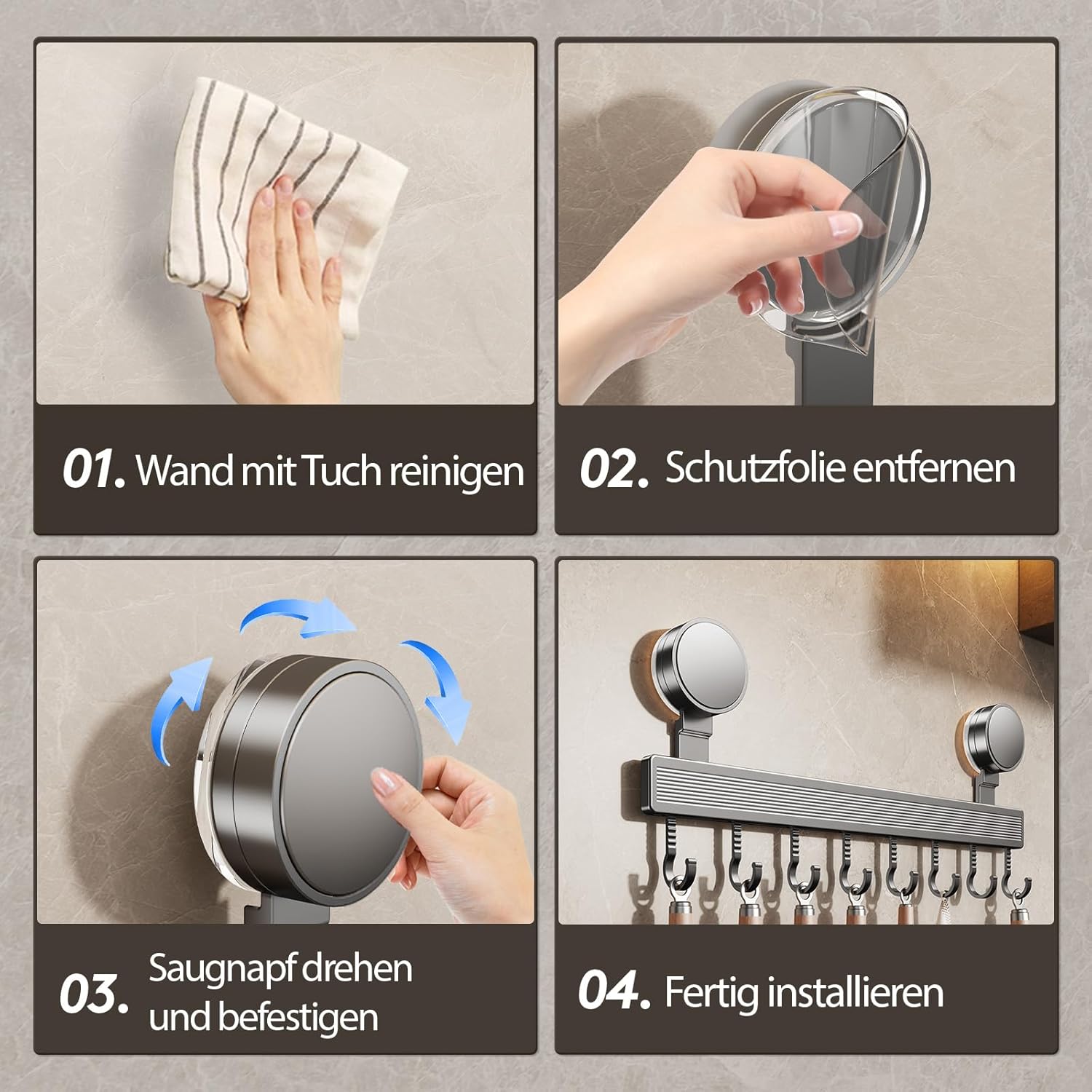 Hakenleiste 40 cm mit 8 Saugnapf-Haken fuer Kueche ohne Bohren