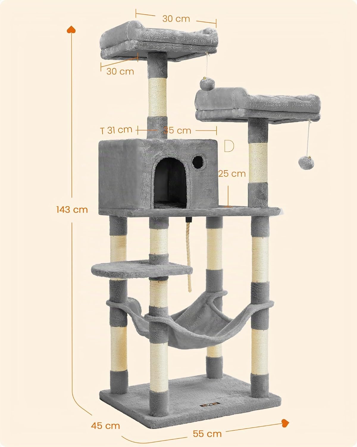 Feandrea Kratzbaum Katzenbaum mit Kratzsaeulen Plattformen und Hoehle