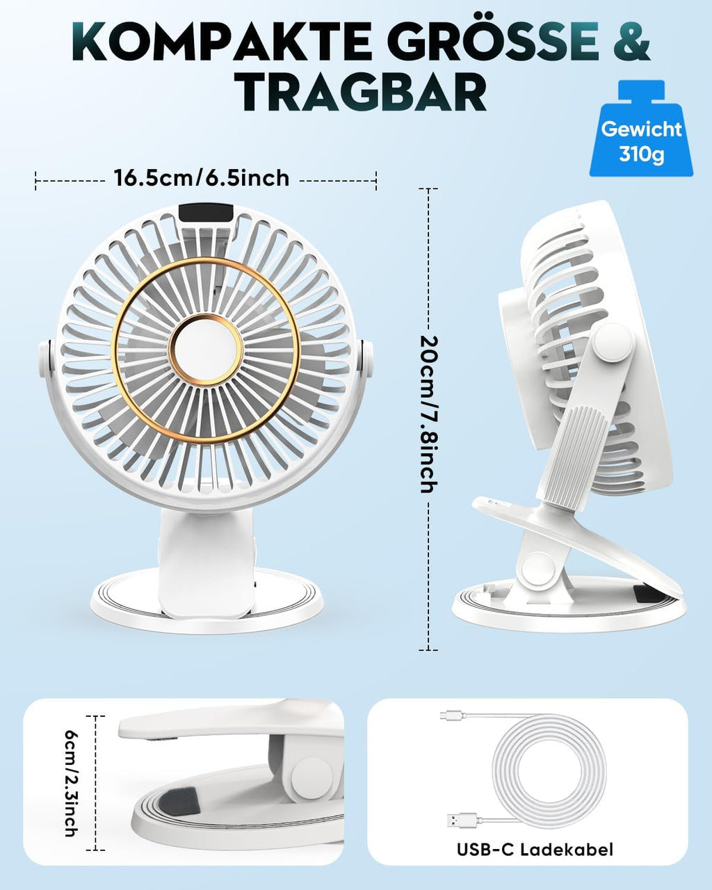 COZII 16cm USB Clip Tischventilator leise 5 Stufen 720° drehbar mit LED