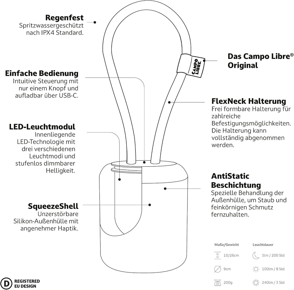 Campo Libre LENI I wiederaufladbare dimmbare Campinglampe zum Aufhaengen Moos
