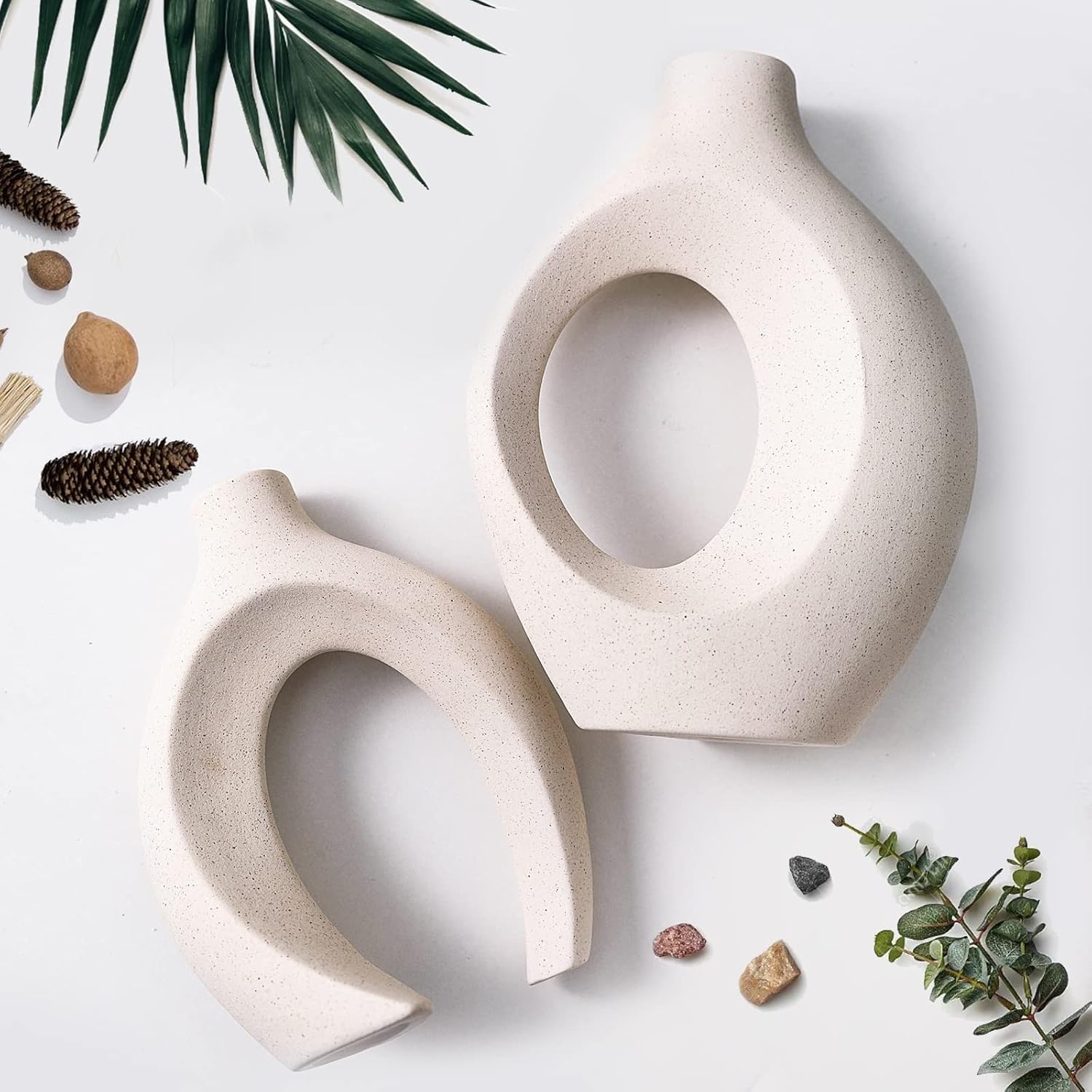 SUKIYPO Keramikvase 2er Set beige Boho Deko fuer Wohnzimmer Buero