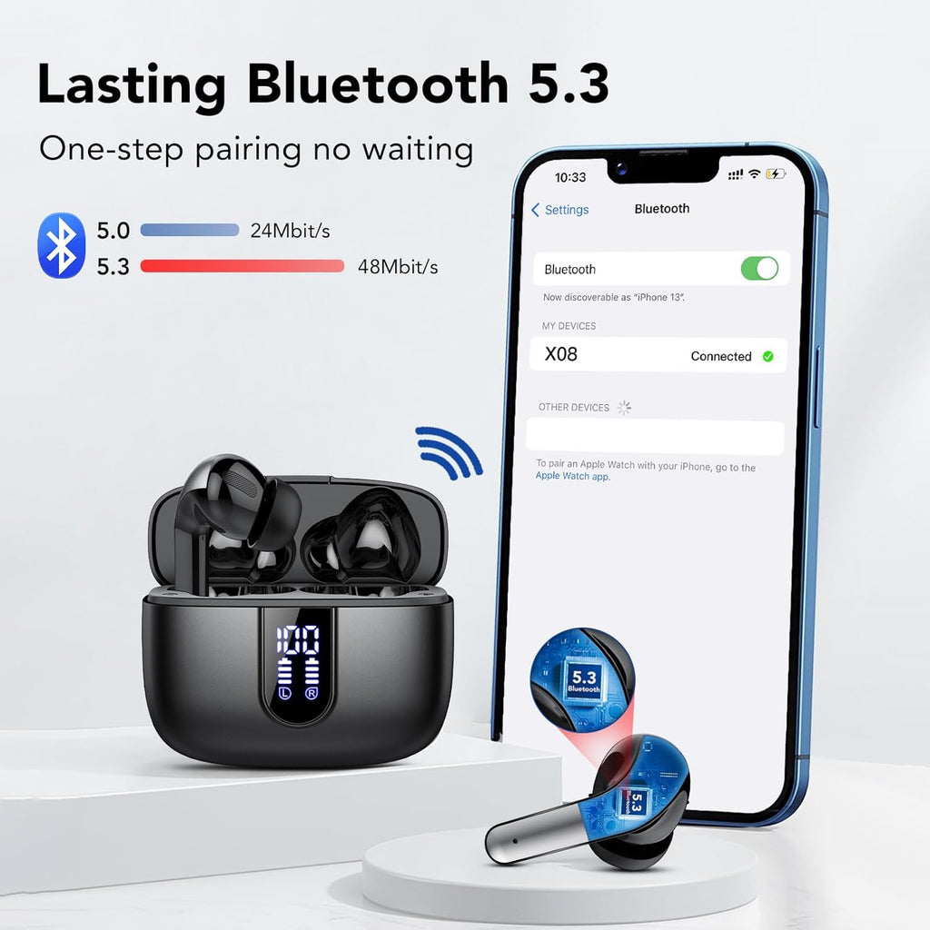 IKT Bluetooth In-Ear Kopfhoerer 5.3 kabellos ENC 50 h Akku IPX7 USB-C