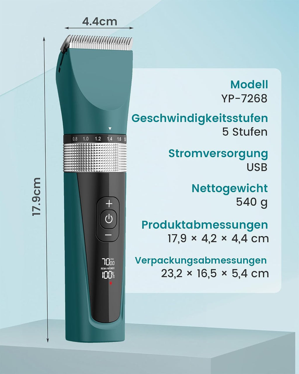 Oneisall Katzenhaarschneider kabellos 5 Stufen LCD Display wasserdicht Grün
