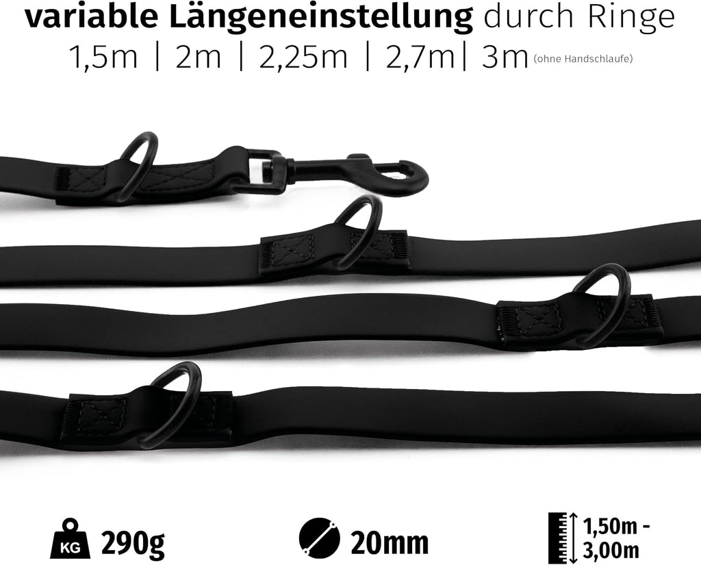 Floxik PVC Hundeleine verstellbar 2m-3m Schwarz - wasserfest schmutzabweisend