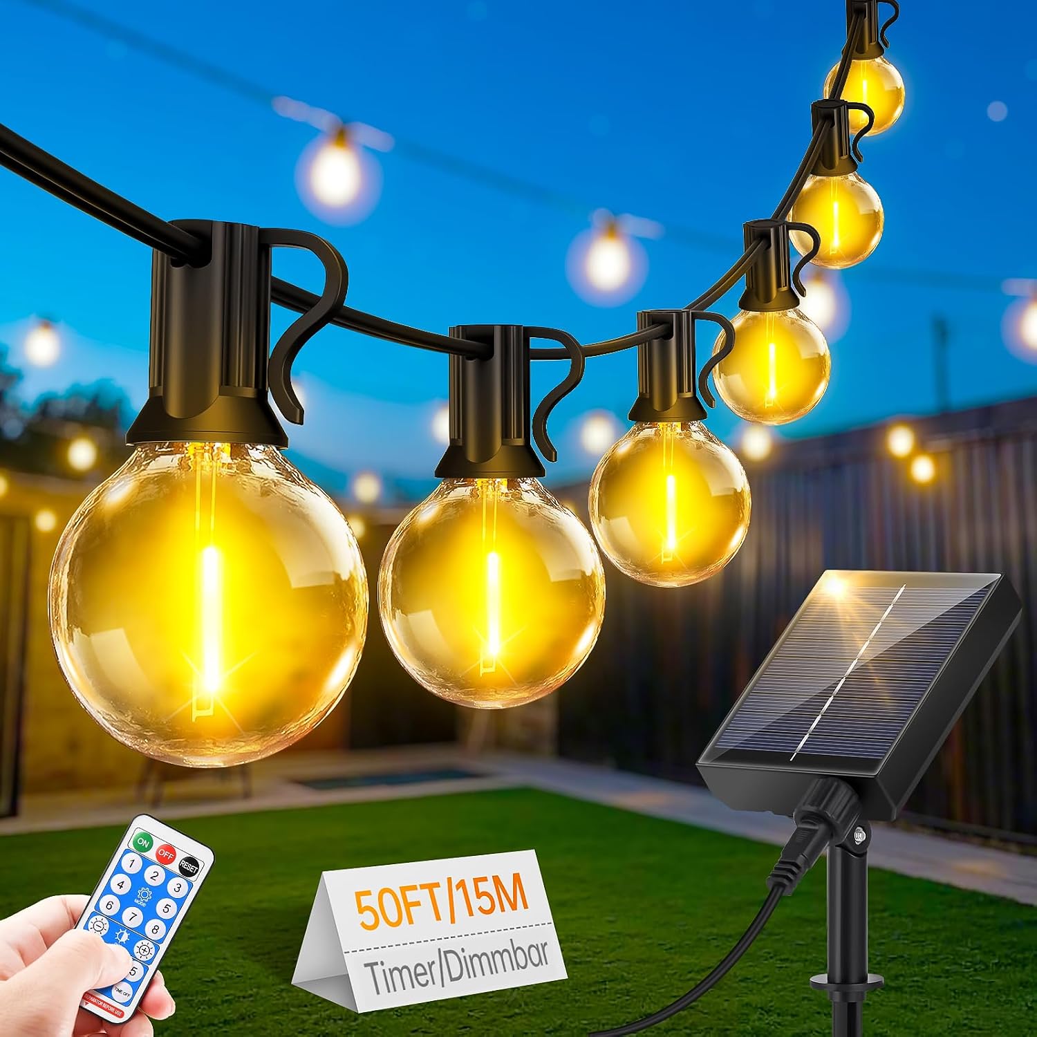 Solar Lichterkette aussen 15m G40 LED 21 Birnen dimmbar 8 Modi mit Fernbedienung