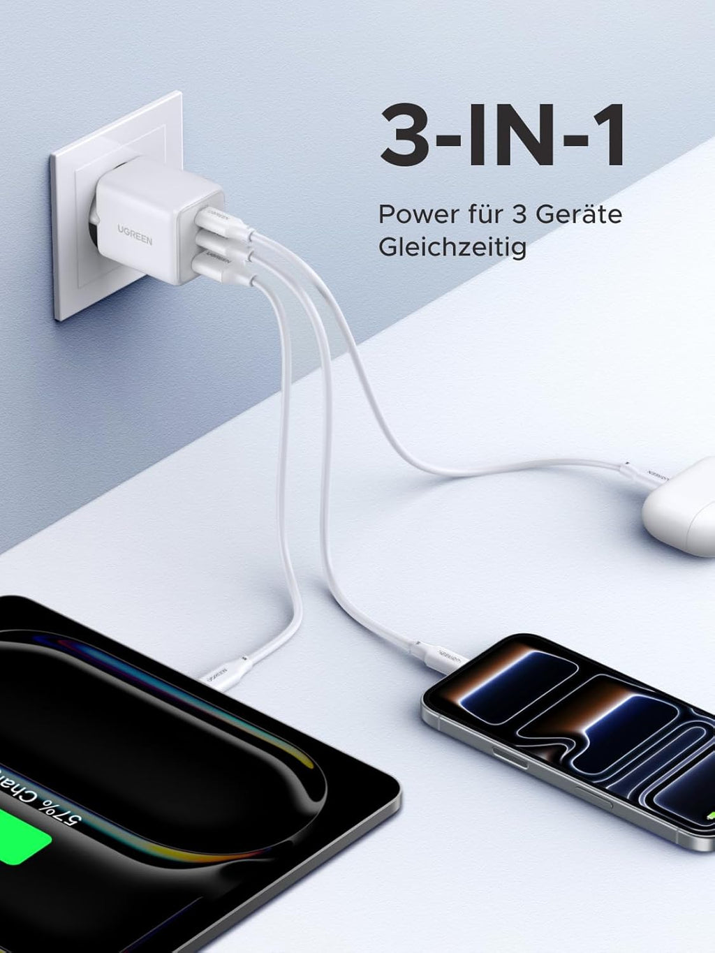 UGREEN 30W USB C Ladegeraet GaN II 3‑Port PD Schnellladegeraet schwarz